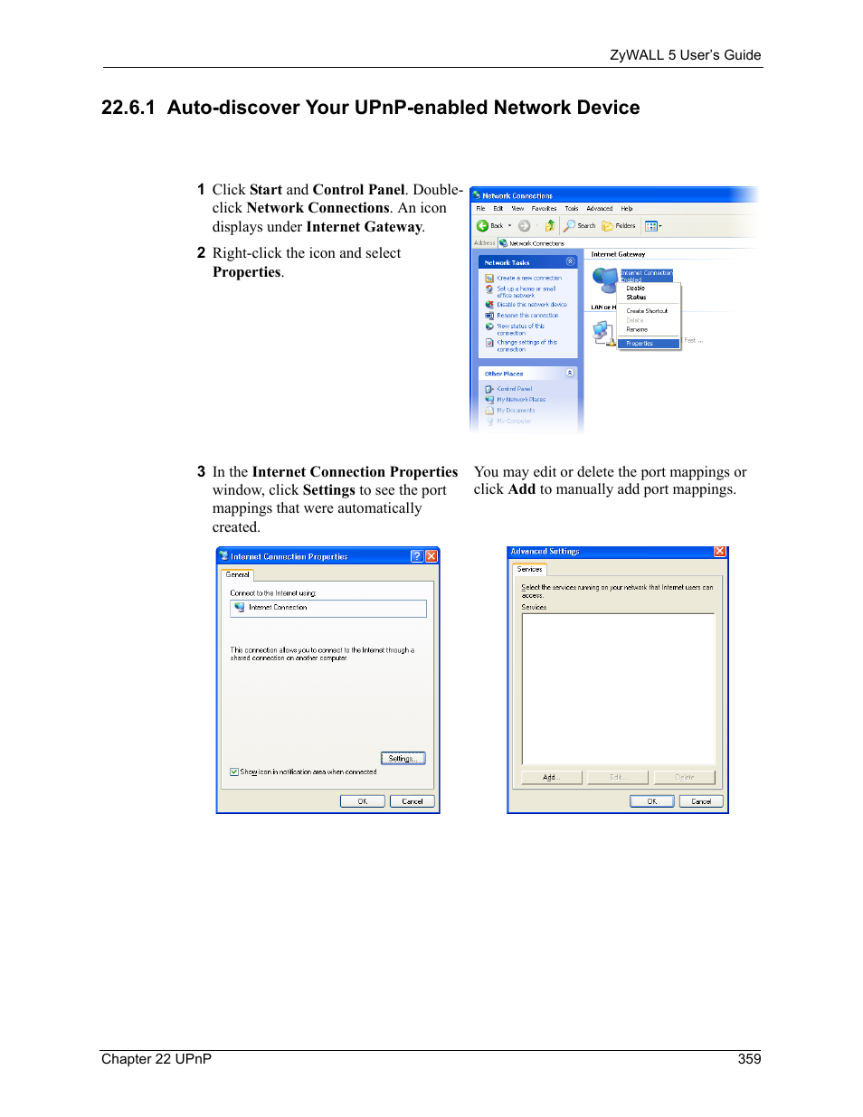 1 auto-discover your upnp-enabled network device | ZyXEL Communications ZyXEL ZyWALL 5 User Manual | Page 360 / 667