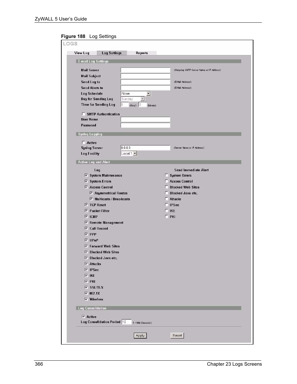 Figure 188 log settings | ZyXEL Communications ZyXEL ZyWALL 5 User Manual | Page 367 / 667