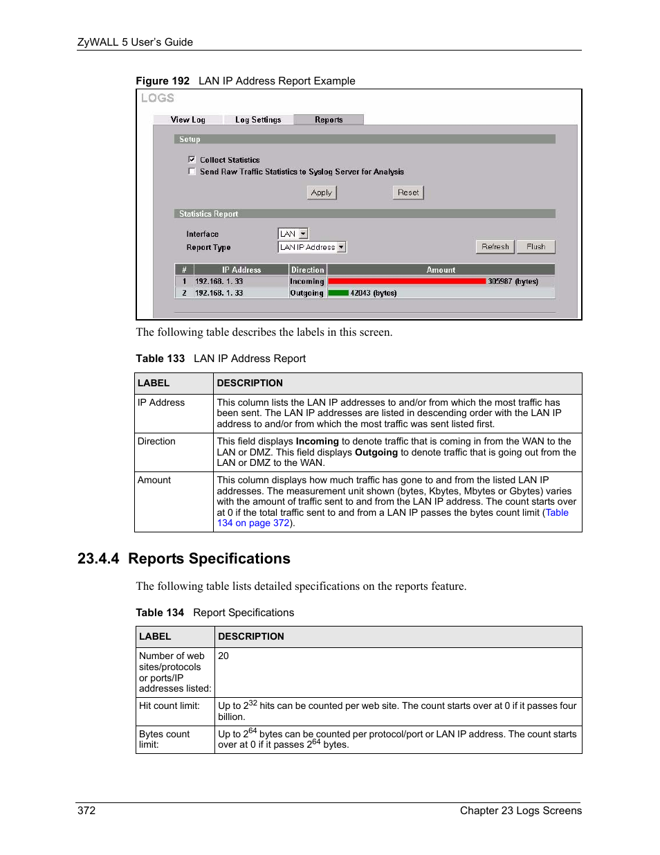 4 reports specifications, Figure 192 lan ip address report example | ZyXEL Communications ZyXEL ZyWALL 5 User Manual | Page 373 / 667