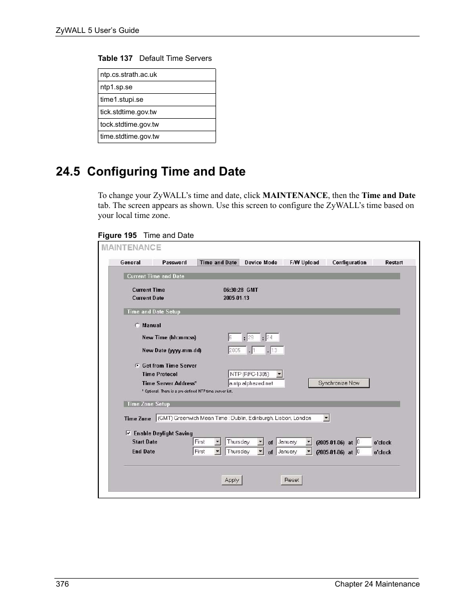 5 configuring time and date, Figure 195 time and date | ZyXEL Communications ZyXEL ZyWALL 5 User Manual | Page 377 / 667