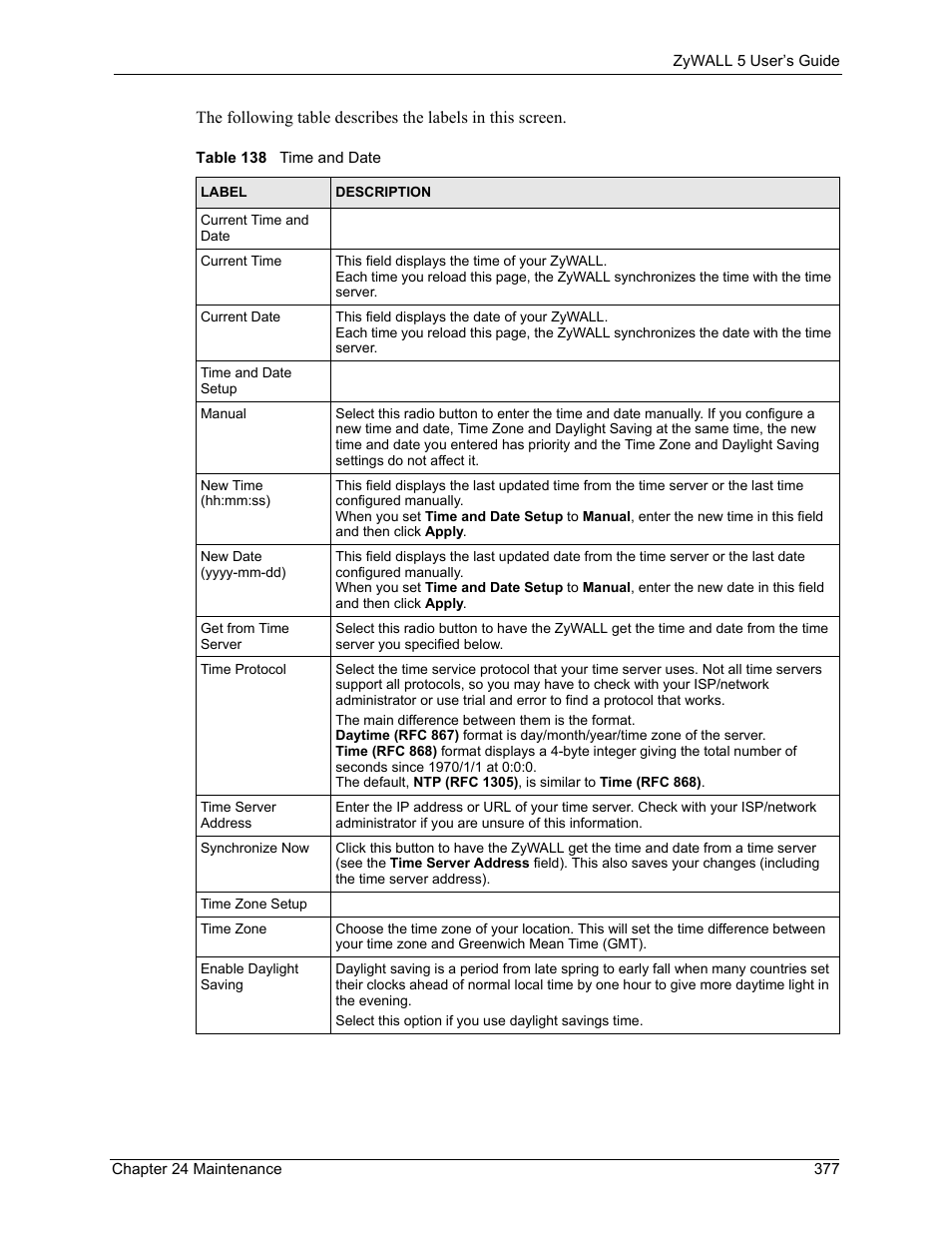 Table 138 time and date | ZyXEL Communications ZyXEL ZyWALL 5 User Manual | Page 378 / 667