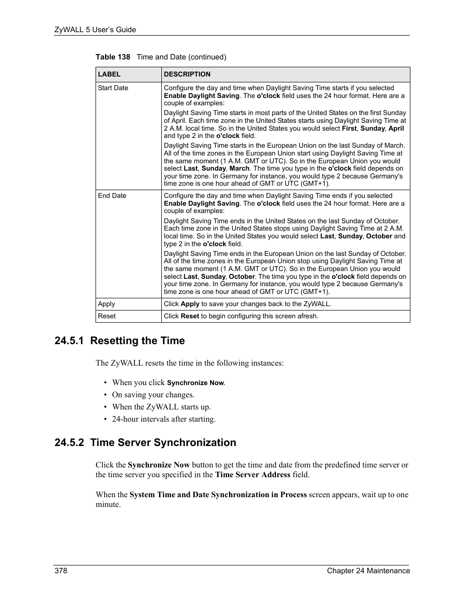 1 resetting the time, 2 time server synchronization | ZyXEL Communications ZyXEL ZyWALL 5 User Manual | Page 379 / 667