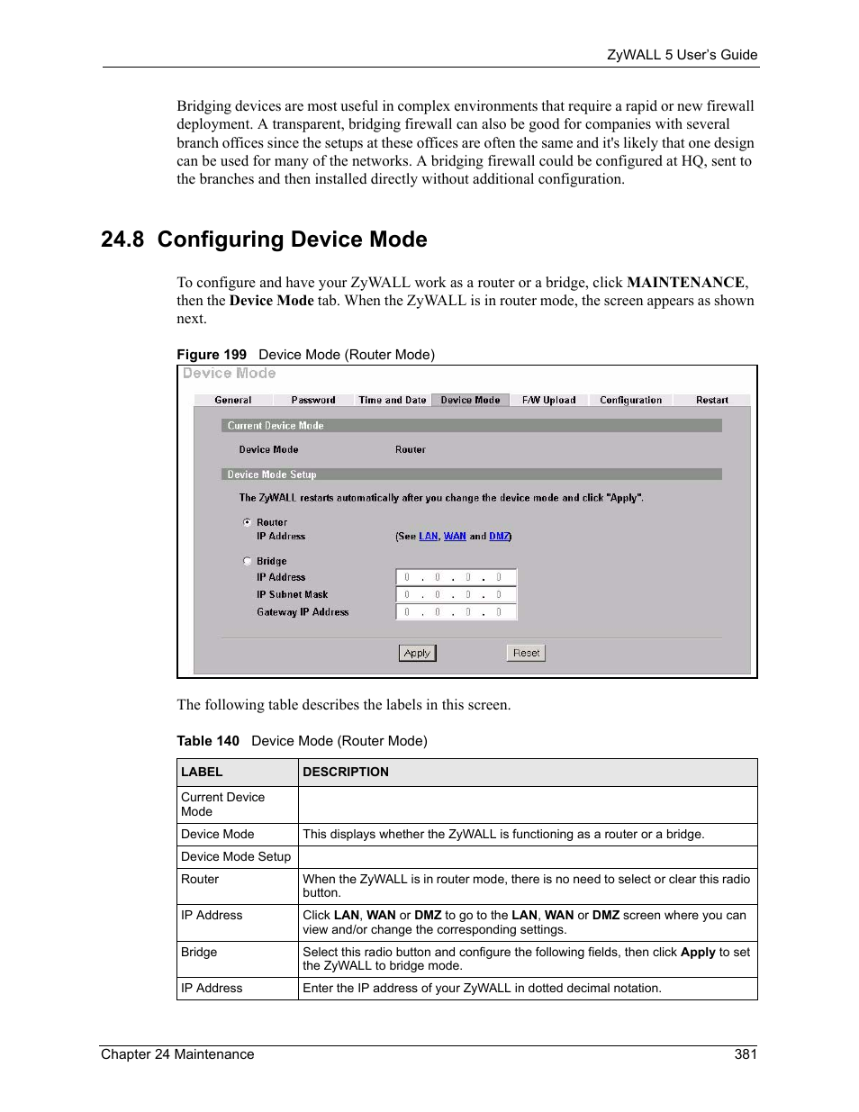 8 configuring device mode, Figure 199 device mode (router mode), Table 140 device mode (router mode) | ZyXEL Communications ZyXEL ZyWALL 5 User Manual | Page 382 / 667