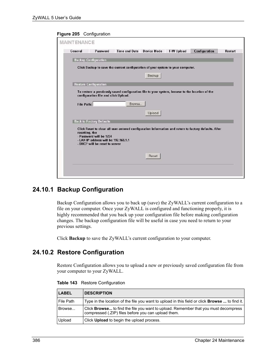 1 backup configuration, 2 restore configuration, Figure 205 configuration | Table 143 restore configuration | ZyXEL Communications ZyXEL ZyWALL 5 User Manual | Page 387 / 667