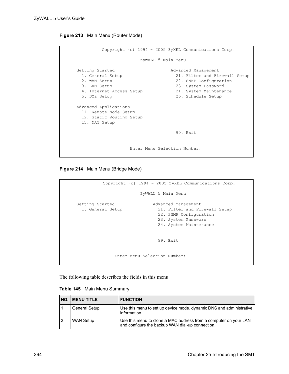 Table 145 main menu summary | ZyXEL Communications ZyXEL ZyWALL 5 User Manual | Page 395 / 667