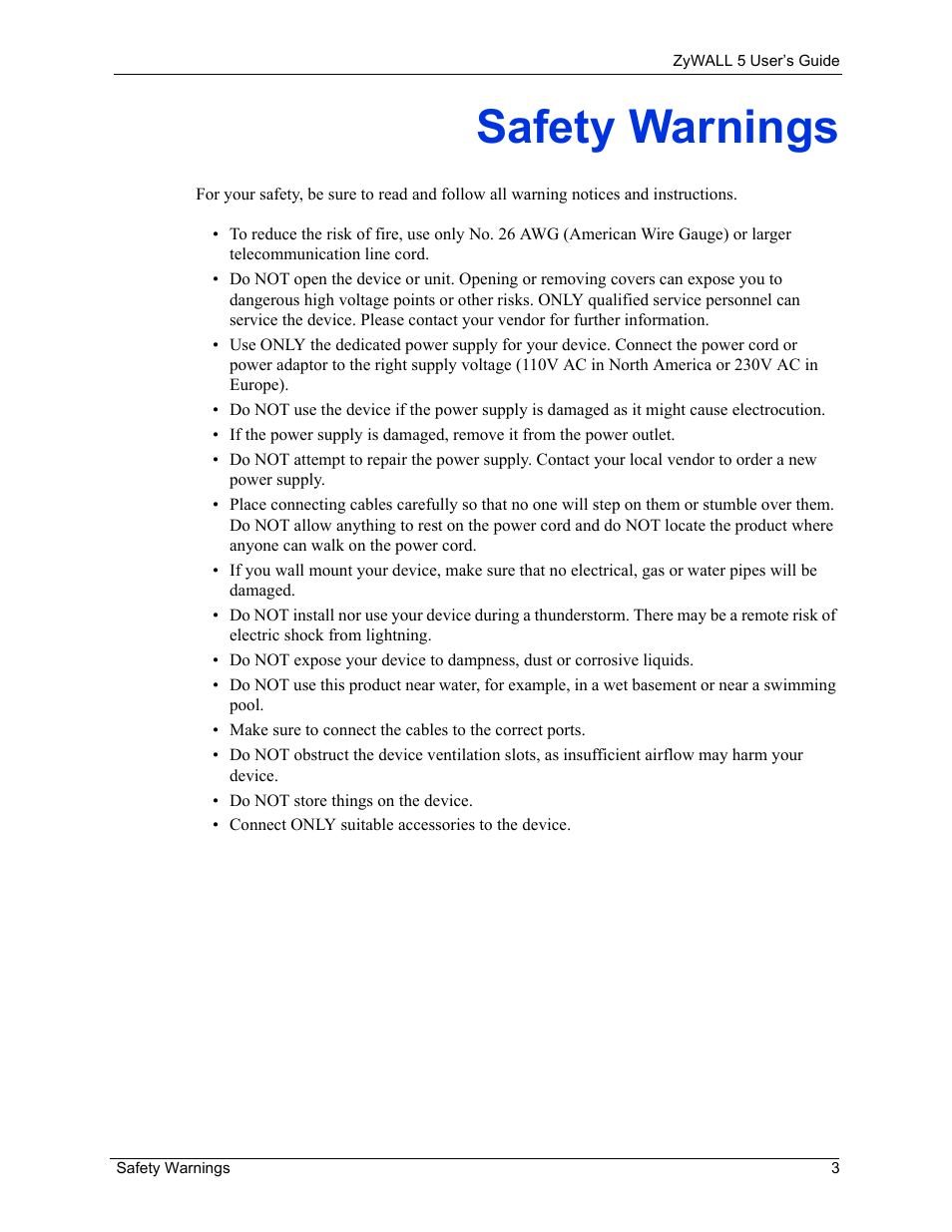 Safety warnings | ZyXEL Communications ZyXEL ZyWALL 5 User Manual | Page 4 / 667