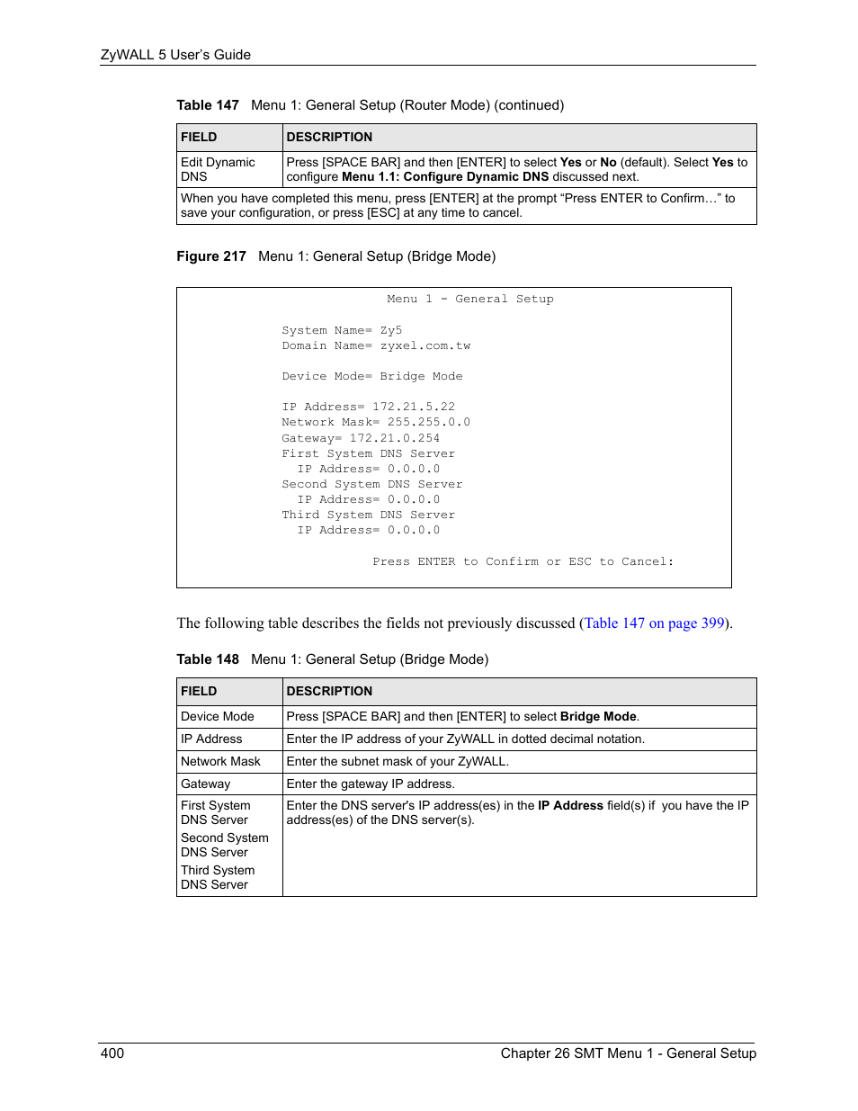 Figure 217 menu 1: general setup (bridge mode), Table 148 menu 1: general setup (bridge mode) | ZyXEL Communications ZyXEL ZyWALL 5 User Manual | Page 401 / 667