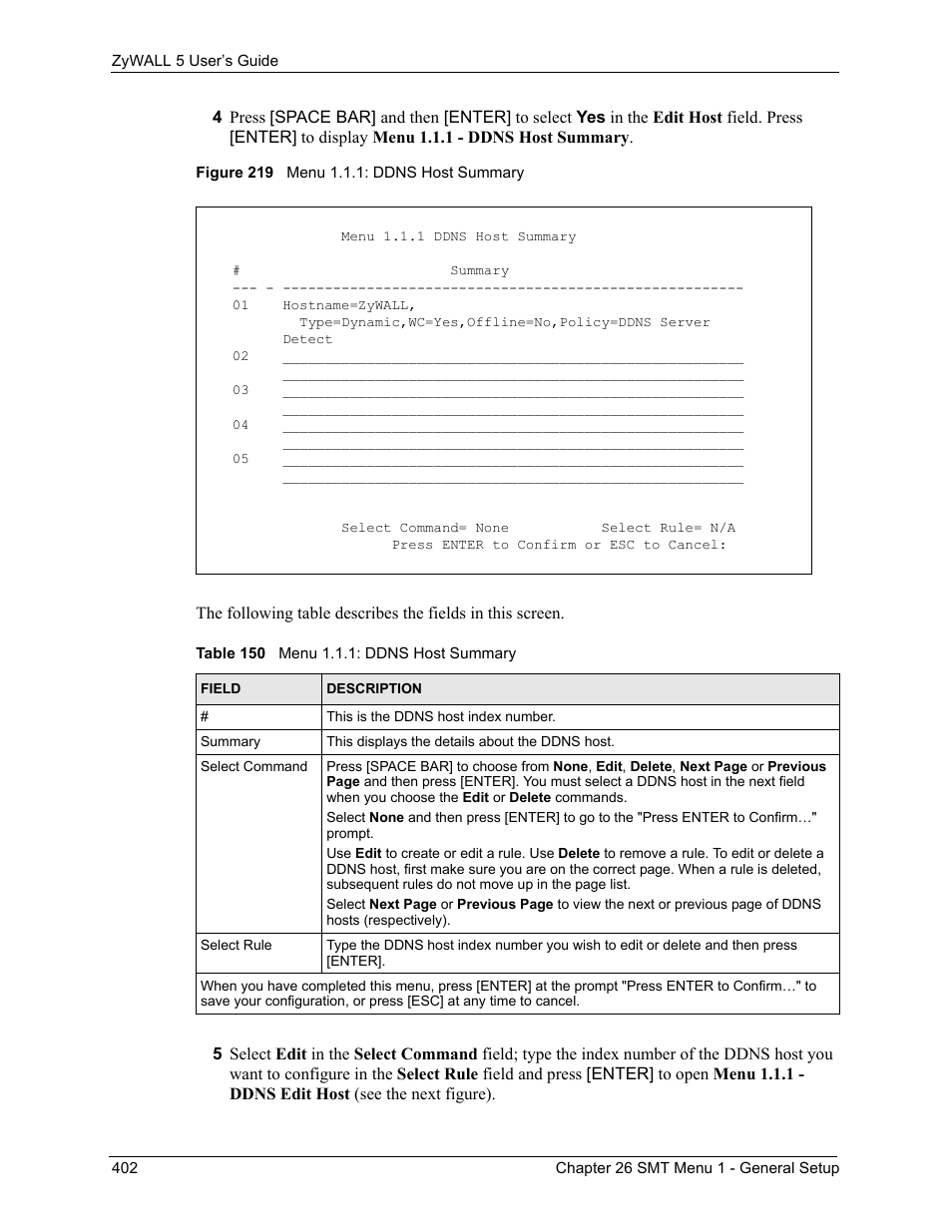 Figure 219 menu 1.1.1: ddns host summary, Table 150 menu 1.1.1: ddns host summary | ZyXEL Communications ZyXEL ZyWALL 5 User Manual | Page 403 / 667