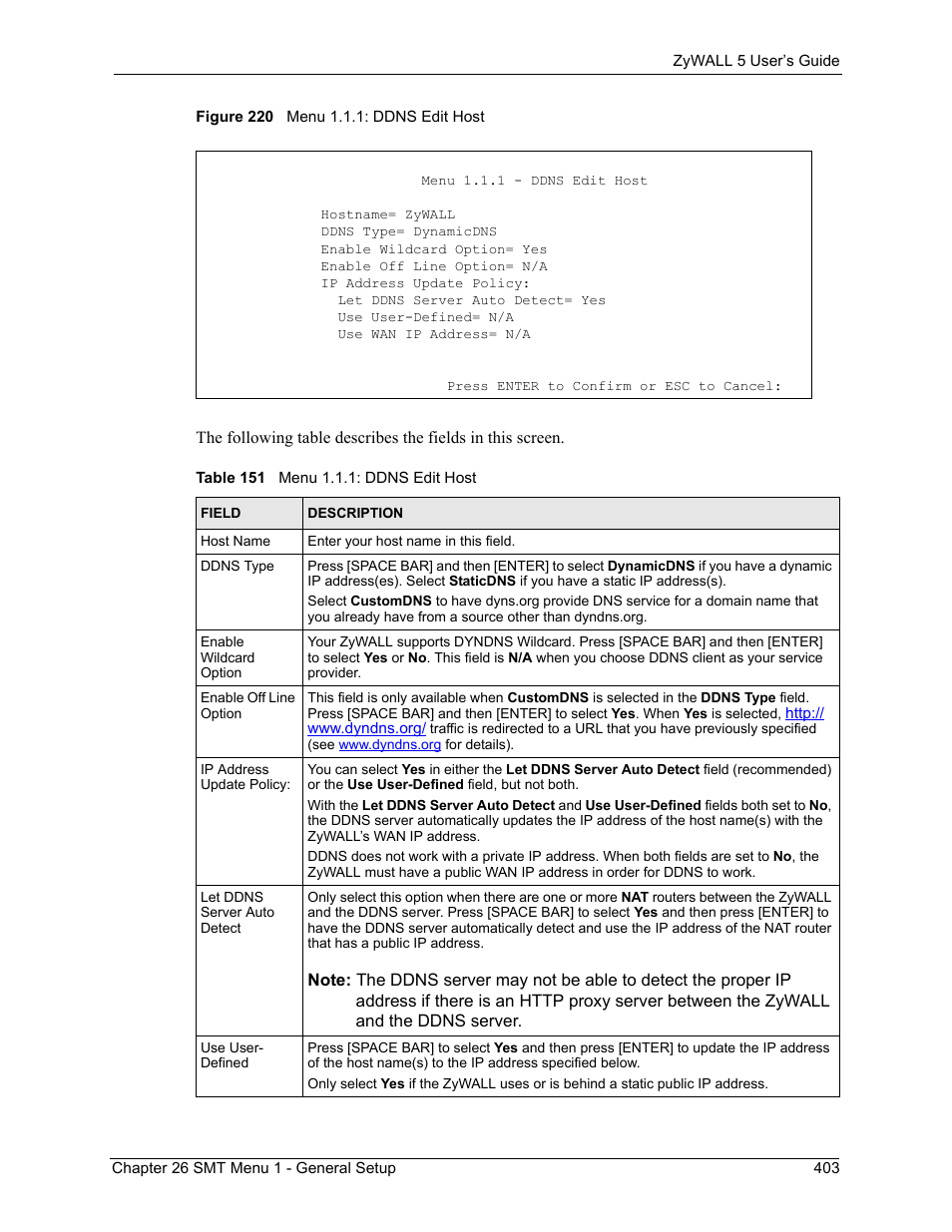 Figure 220 menu 1.1.1: ddns edit host, Table 151 menu 1.1.1: ddns edit host | ZyXEL Communications ZyXEL ZyWALL 5 User Manual | Page 404 / 667