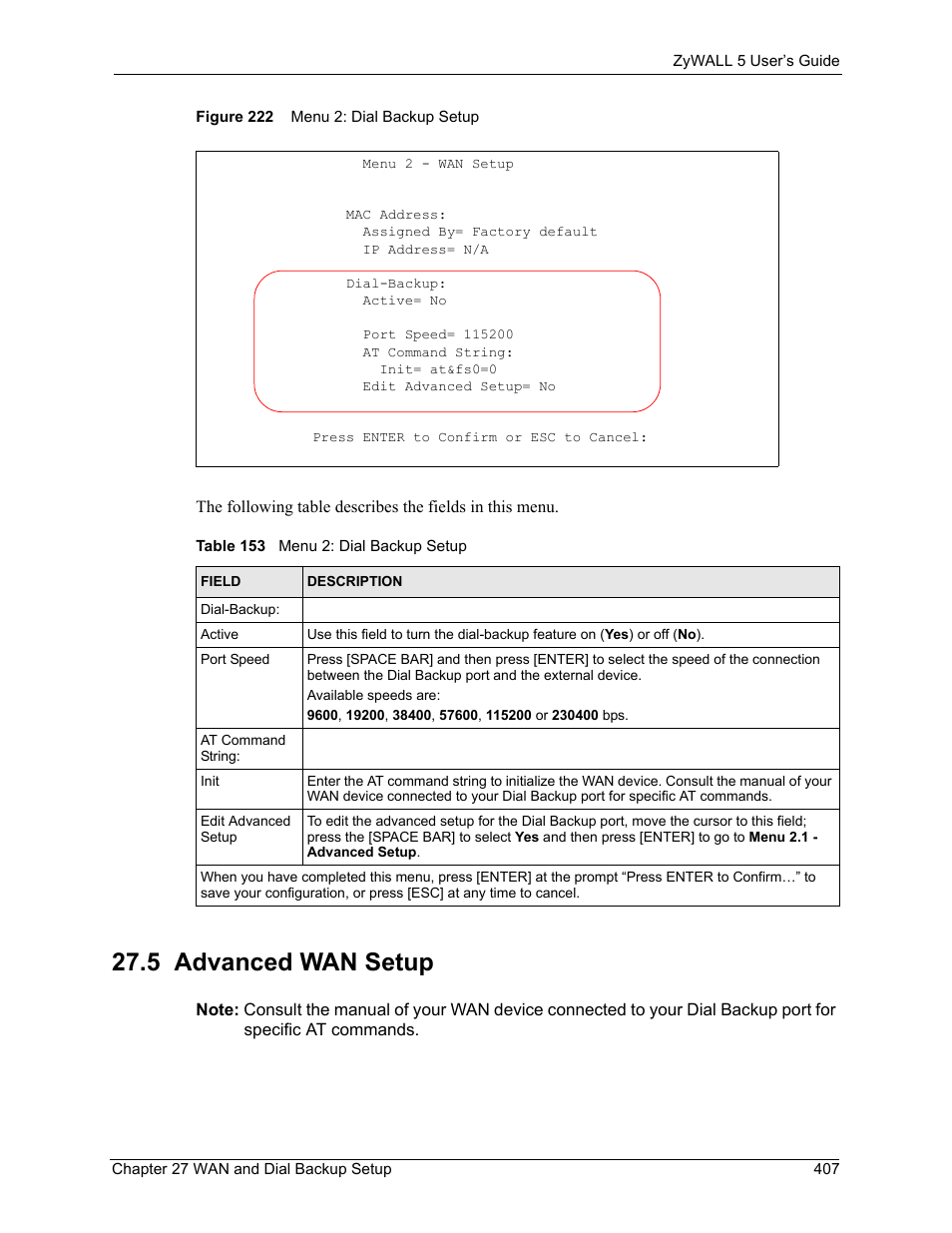 5 advanced wan setup, Figure 222 menu 2: dial backup setup, Table 153 menu 2: dial backup setup | ZyXEL Communications ZyXEL ZyWALL 5 User Manual | Page 408 / 667