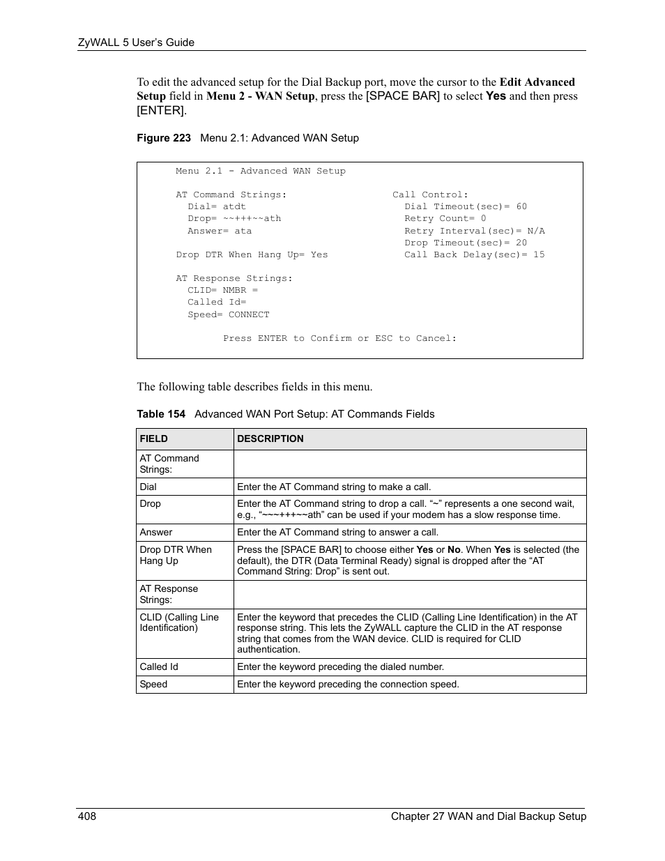 Figure 223 menu 2.1: advanced wan setup | ZyXEL Communications ZyXEL ZyWALL 5 User Manual | Page 409 / 667