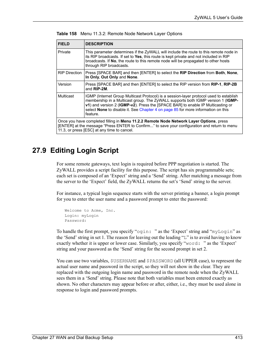 9 editing login script, Section 27.9 on | ZyXEL Communications ZyXEL ZyWALL 5 User Manual | Page 414 / 667