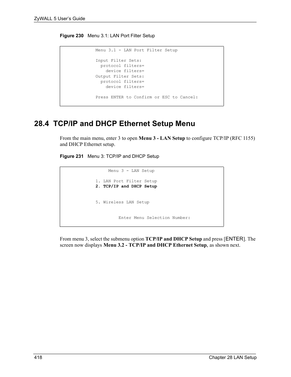 4 tcp/ip and dhcp ethernet setup menu | ZyXEL Communications ZyXEL ZyWALL 5 User Manual | Page 419 / 667