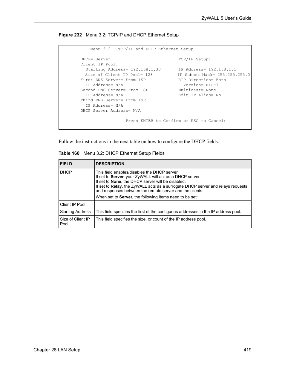 Table 160 menu 3.2: dhcp ethernet setup fields | ZyXEL Communications ZyXEL ZyWALL 5 User Manual | Page 420 / 667