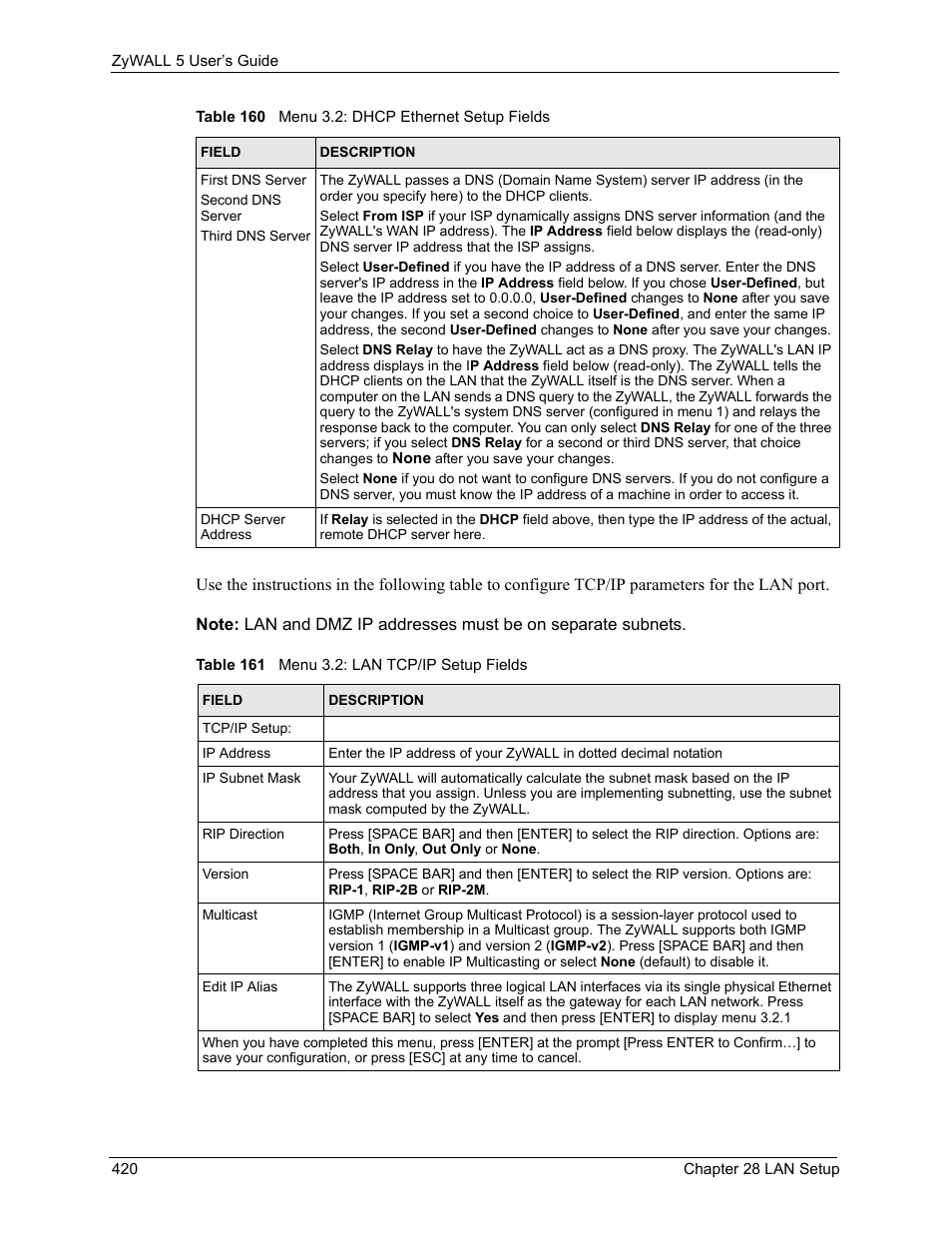 Table 161 menu 3.2: lan tcp/ip setup fields | ZyXEL Communications ZyXEL ZyWALL 5 User Manual | Page 421 / 667