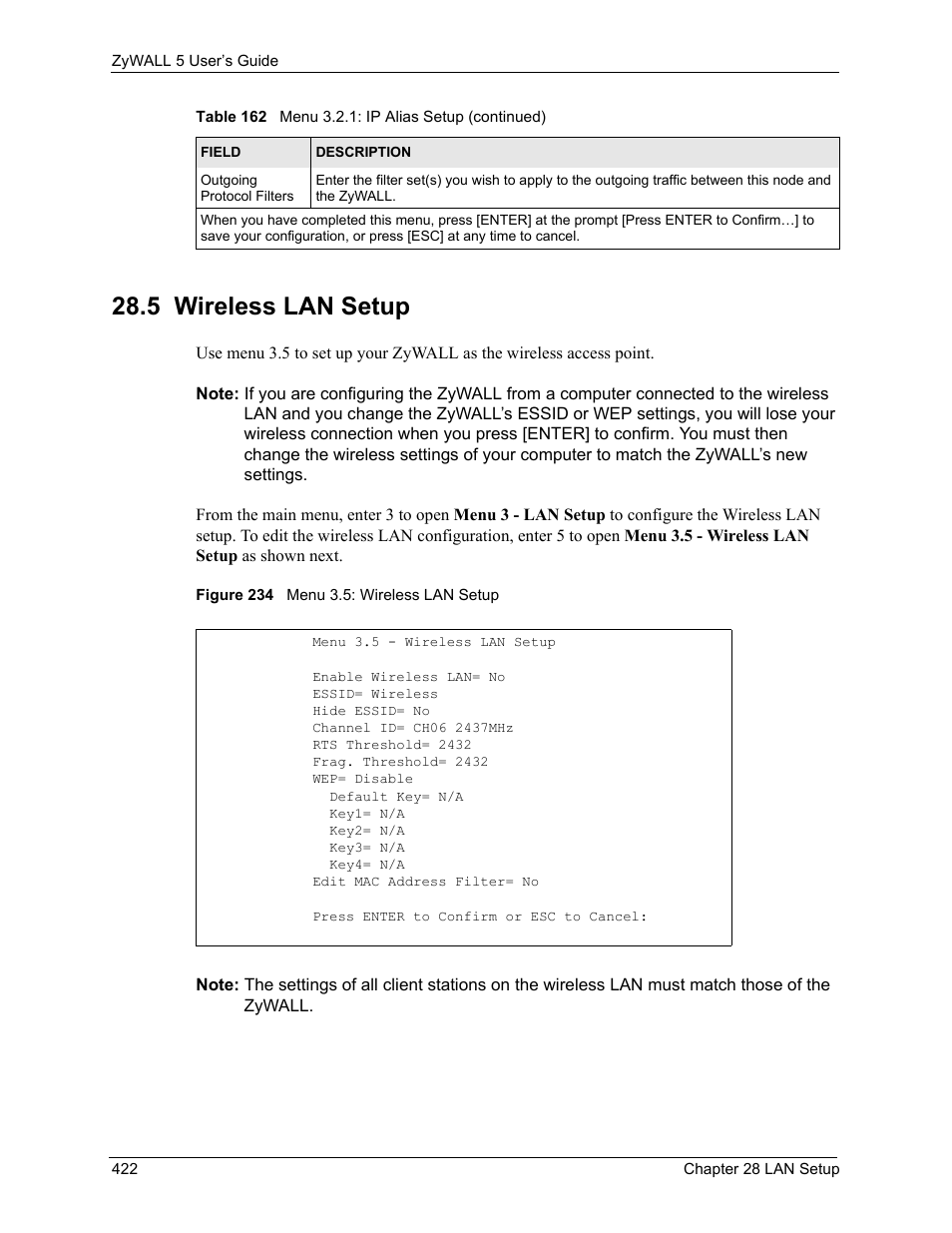 5 wireless lan setup, Figure 234 menu 3.5: wireless lan setup | ZyXEL Communications ZyXEL ZyWALL 5 User Manual | Page 423 / 667