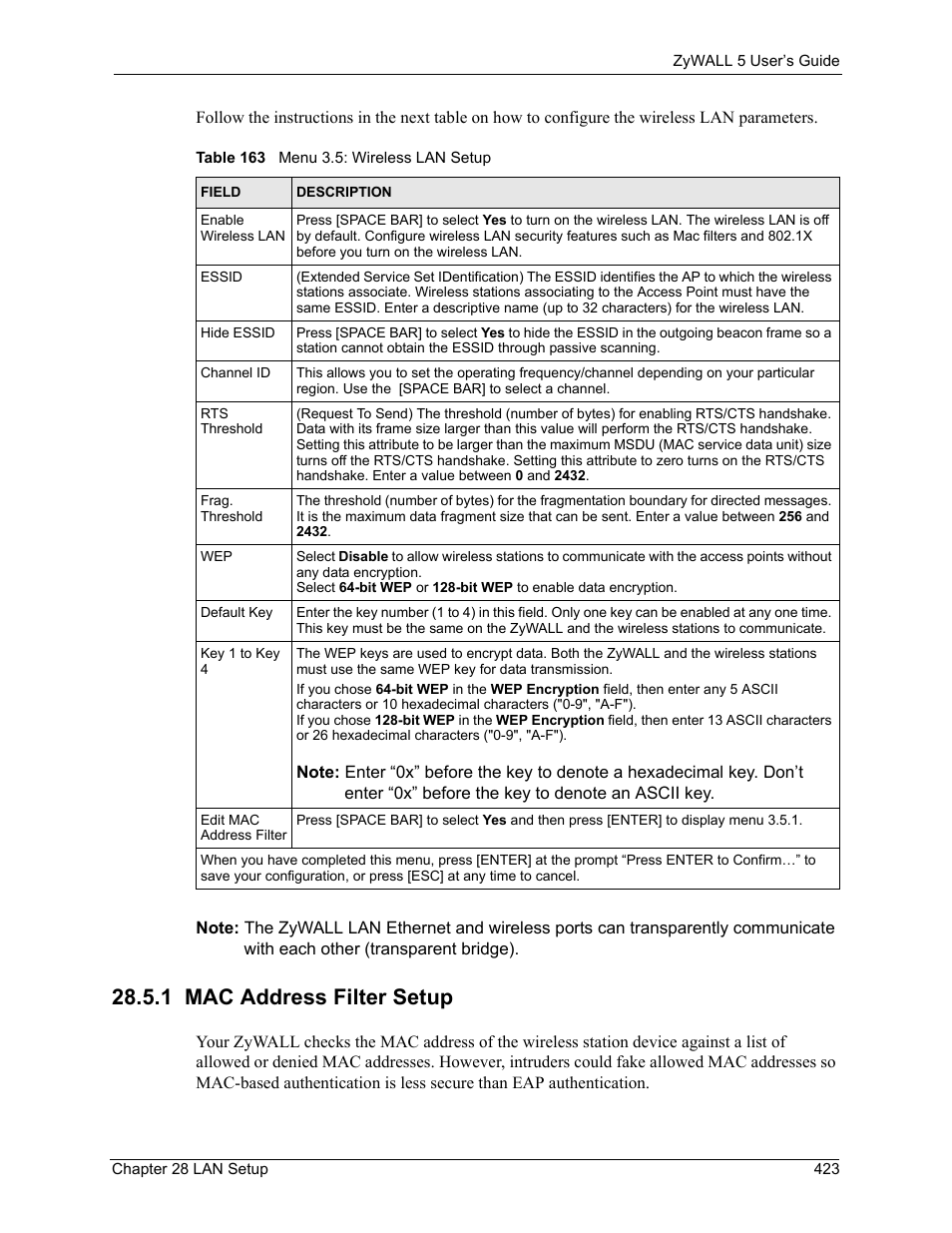 1 mac address filter setup, Table 163 menu 3.5: wireless lan setup | ZyXEL Communications ZyXEL ZyWALL 5 User Manual | Page 424 / 667