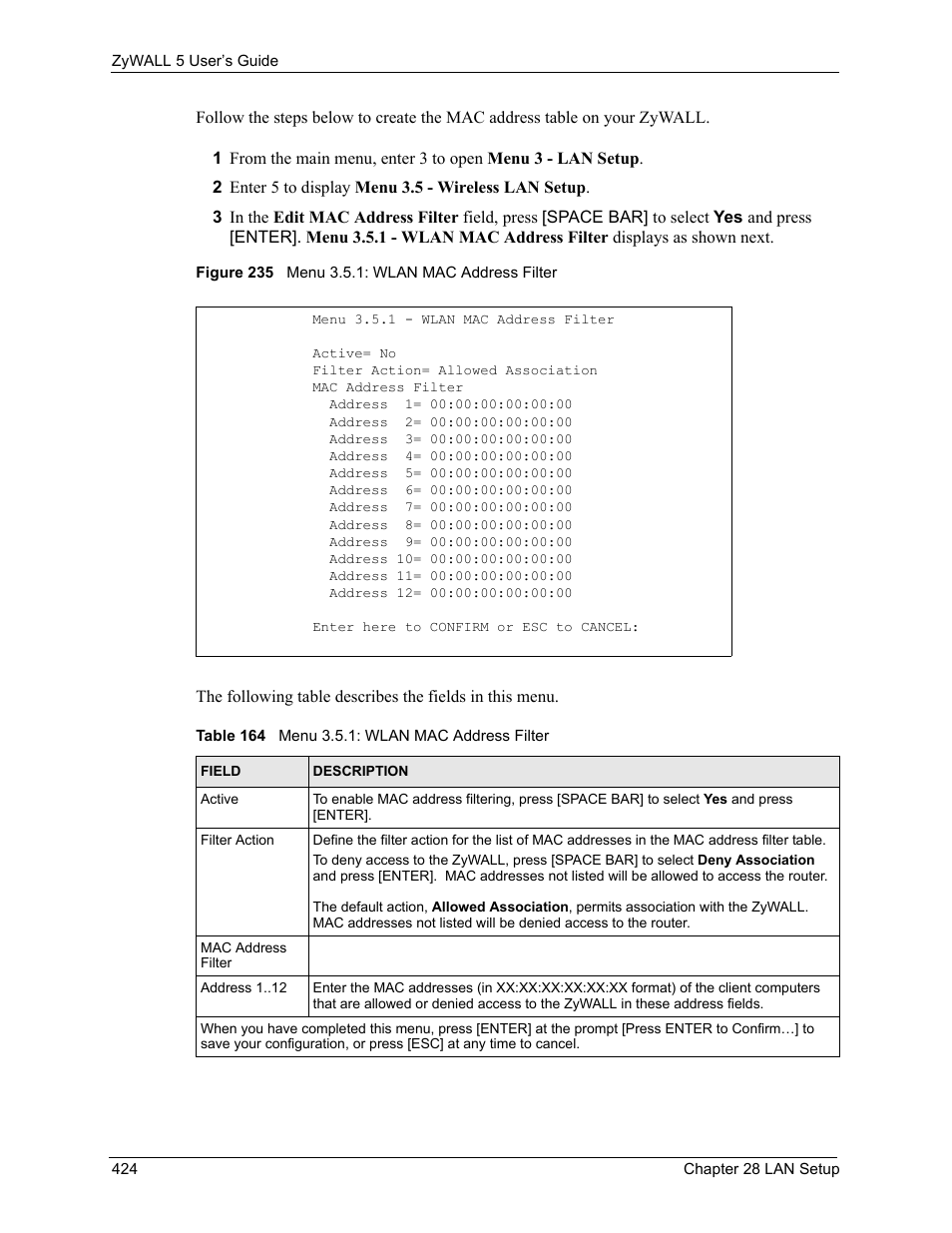 Figure 235 menu 3.5.1: wlan mac address filter, Table 164 menu 3.5.1: wlan mac address filter | ZyXEL Communications ZyXEL ZyWALL 5 User Manual | Page 425 / 667