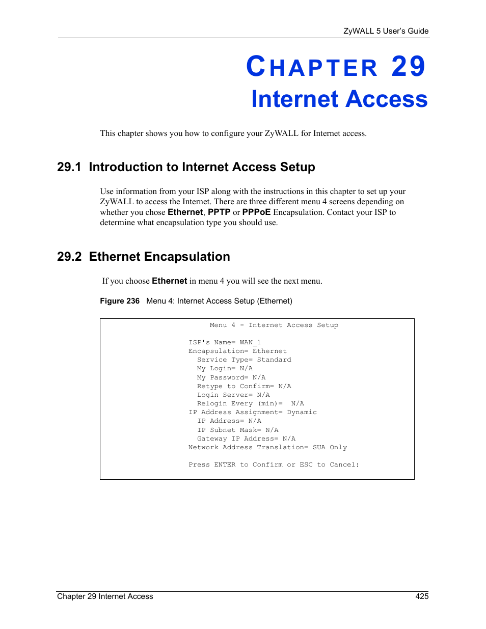Internet access, 1 introduction to internet access setup, 2 ethernet encapsulation | Chapter 29 internet access | ZyXEL Communications ZyXEL ZyWALL 5 User Manual | Page 426 / 667