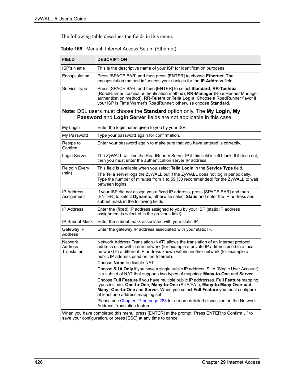 Table 165 menu 4: internet access setup (ethernet) | ZyXEL Communications ZyXEL ZyWALL 5 User Manual | Page 427 / 667