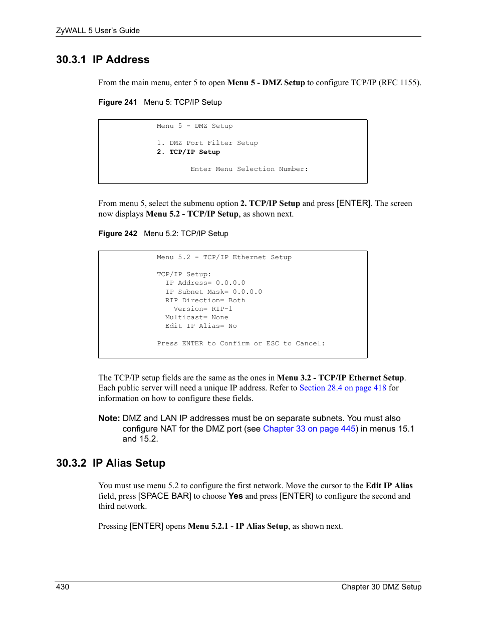 1 ip address, 2 ip alias setup, 1 ip address 30.3.2 ip alias setup | ZyXEL Communications ZyXEL ZyWALL 5 User Manual | Page 431 / 667