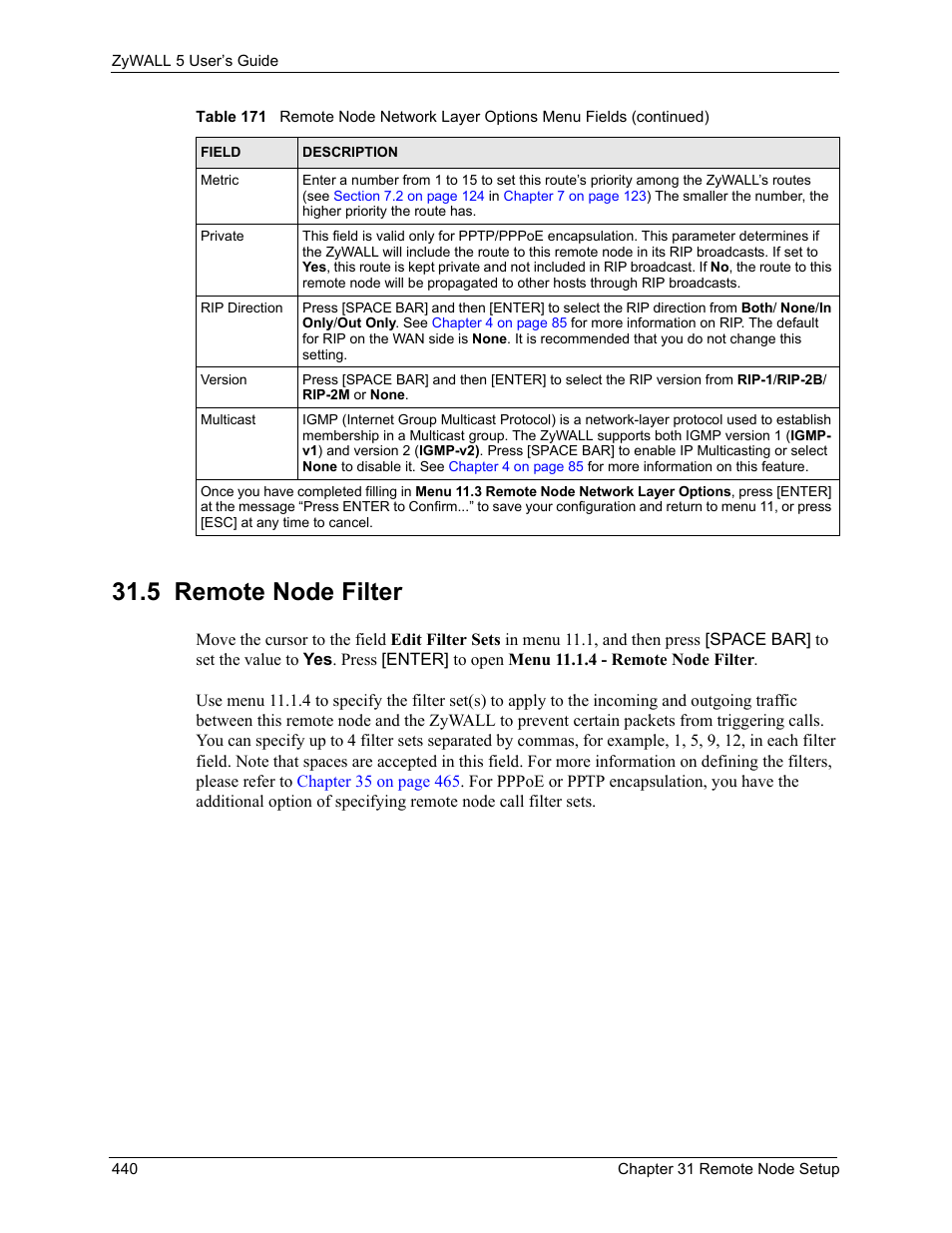 5 remote node filter | ZyXEL Communications ZyXEL ZyWALL 5 User Manual | Page 441 / 667