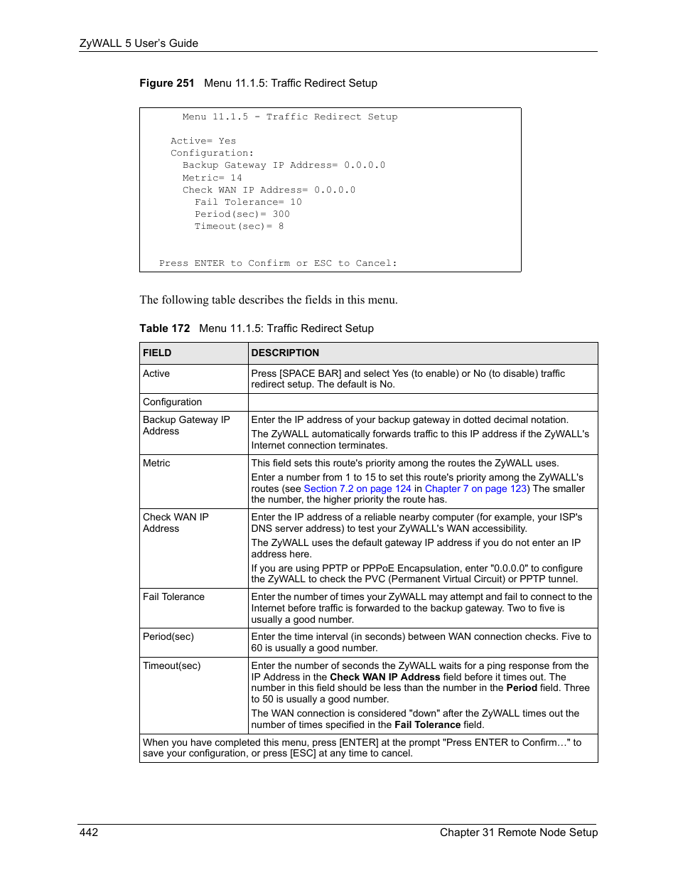 Figure 251 menu 11.1.5: traffic redirect setup, Table 172 menu 11.1.5: traffic redirect setup | ZyXEL Communications ZyXEL ZyWALL 5 User Manual | Page 443 / 667