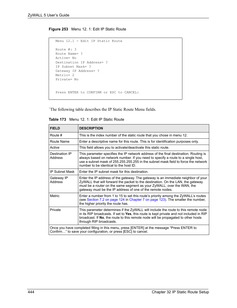 Figure 253 menu 12. 1: edit ip static route, Table 173 menu 12. 1: edit ip static route | ZyXEL Communications ZyXEL ZyWALL 5 User Manual | Page 445 / 667