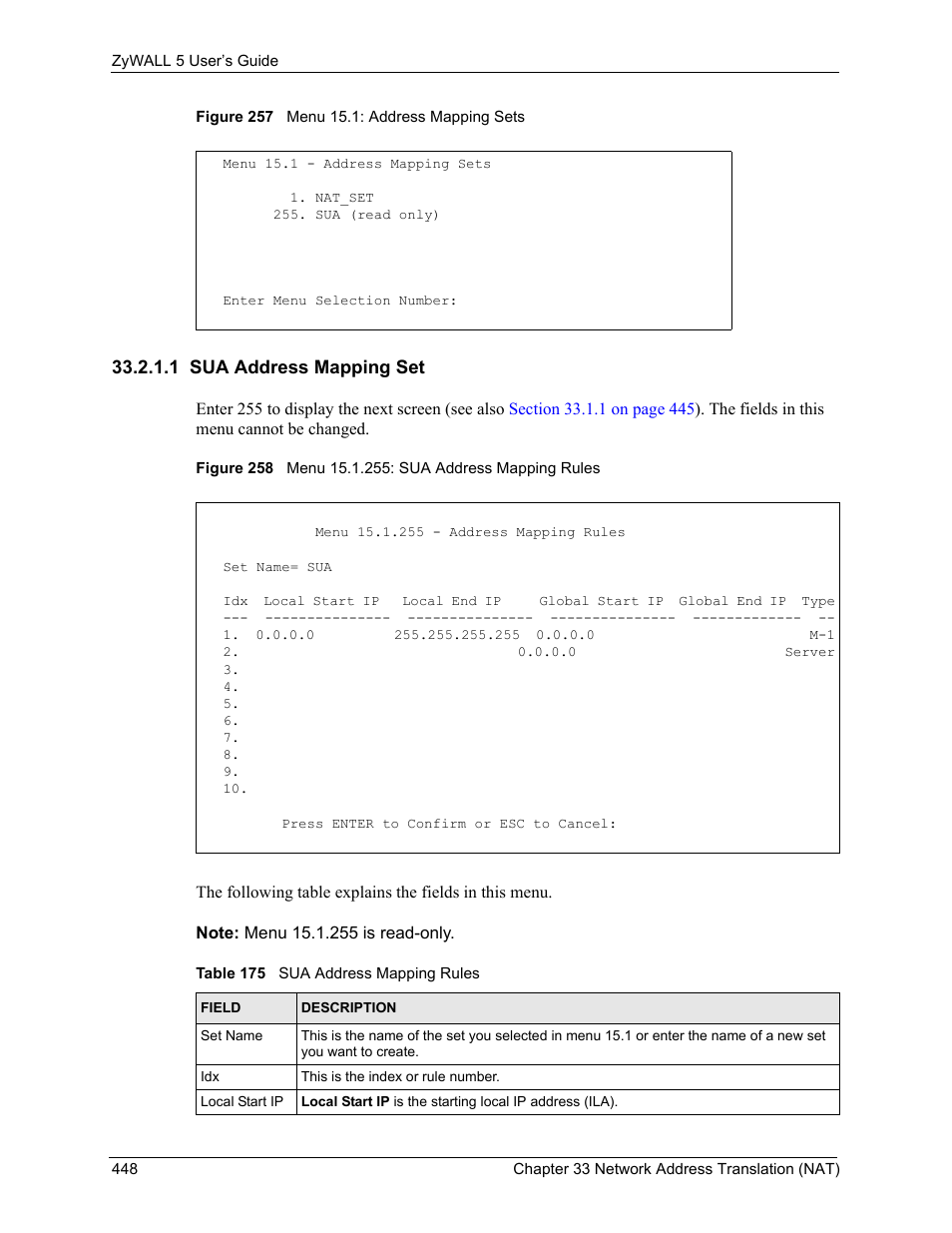 1 sua address mapping set, Table 175 sua address mapping rules | ZyXEL Communications ZyXEL ZyWALL 5 User Manual | Page 449 / 667