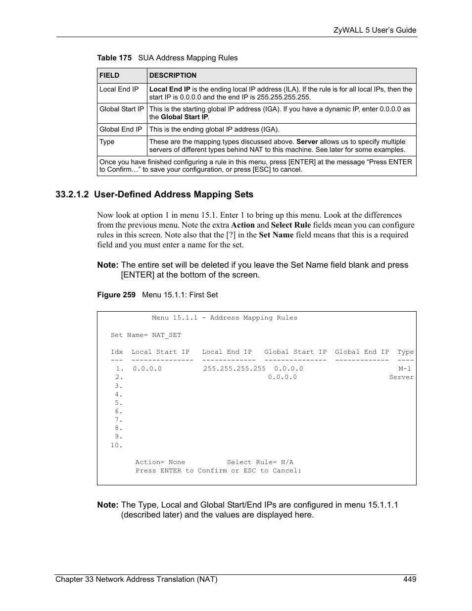 2 user-defined address mapping sets, Figure 259 menu 15.1.1: first set | ZyXEL Communications ZyXEL ZyWALL 5 User Manual | Page 450 / 667