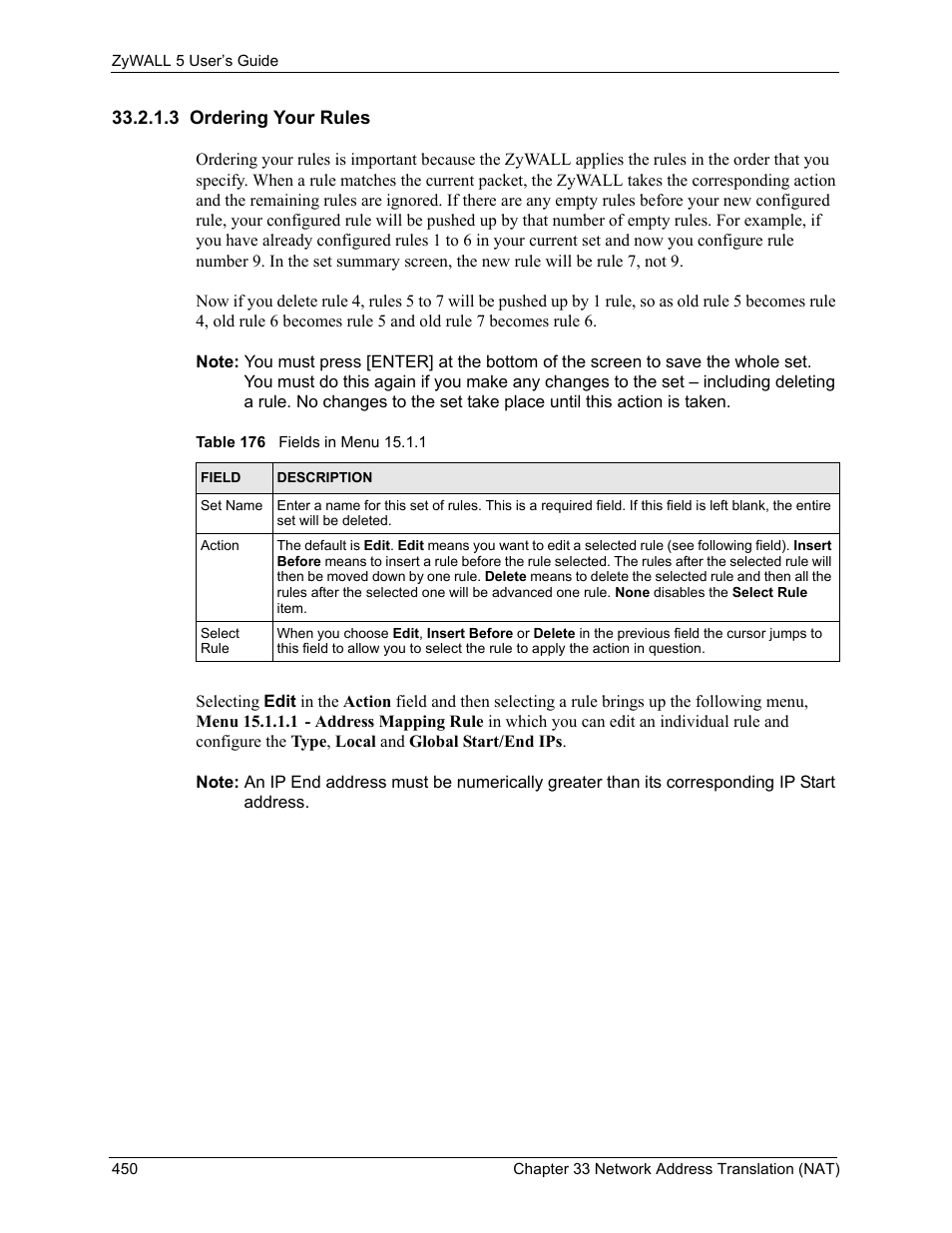 3 ordering your rules, Table 176 fields in menu 15.1.1 | ZyXEL Communications ZyXEL ZyWALL 5 User Manual | Page 451 / 667