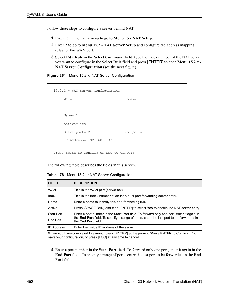 Figure 261 menu 15.2.x: nat server configuration, Table 178 menu 15.2.1: nat server configuration | ZyXEL Communications ZyXEL ZyWALL 5 User Manual | Page 453 / 667