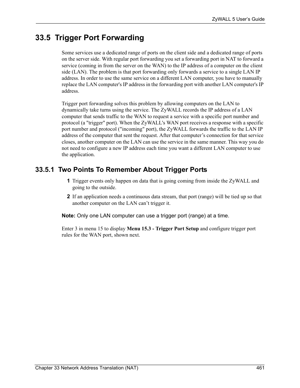 5 trigger port forwarding, 1 two points to remember about trigger ports | ZyXEL Communications ZyXEL ZyWALL 5 User Manual | Page 462 / 667