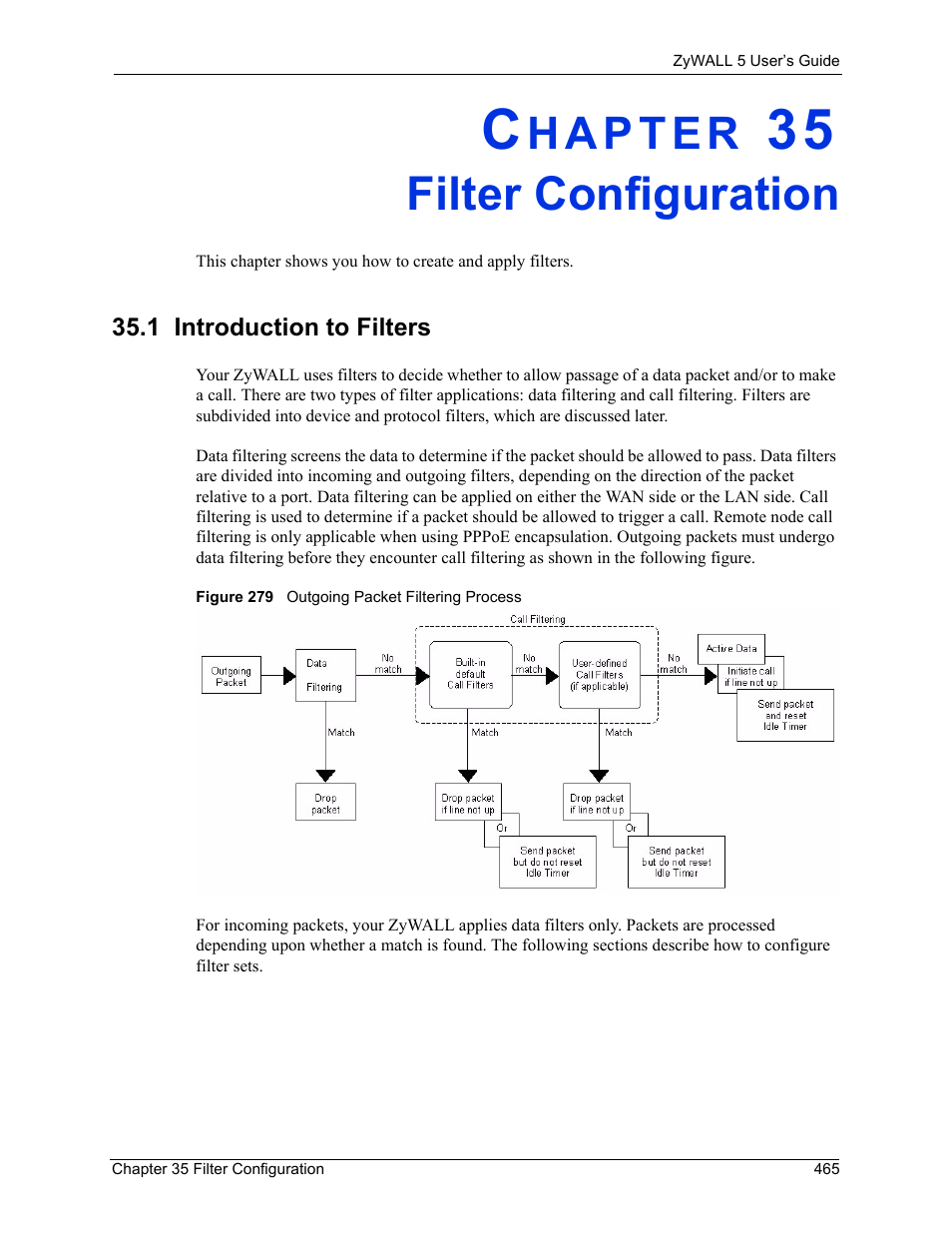 Filter configuration, 1 introduction to filters, Chapter 35 filter configuration | Figure 279 outgoing packet filtering process | ZyXEL Communications ZyXEL ZyWALL 5 User Manual | Page 466 / 667