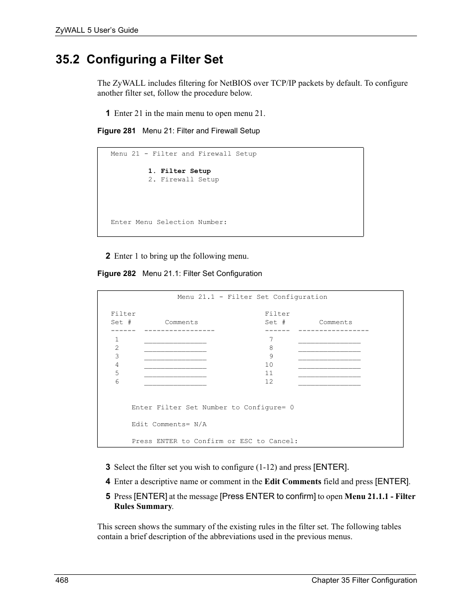 2 configuring a filter set | ZyXEL Communications ZyXEL ZyWALL 5 User Manual | Page 469 / 667