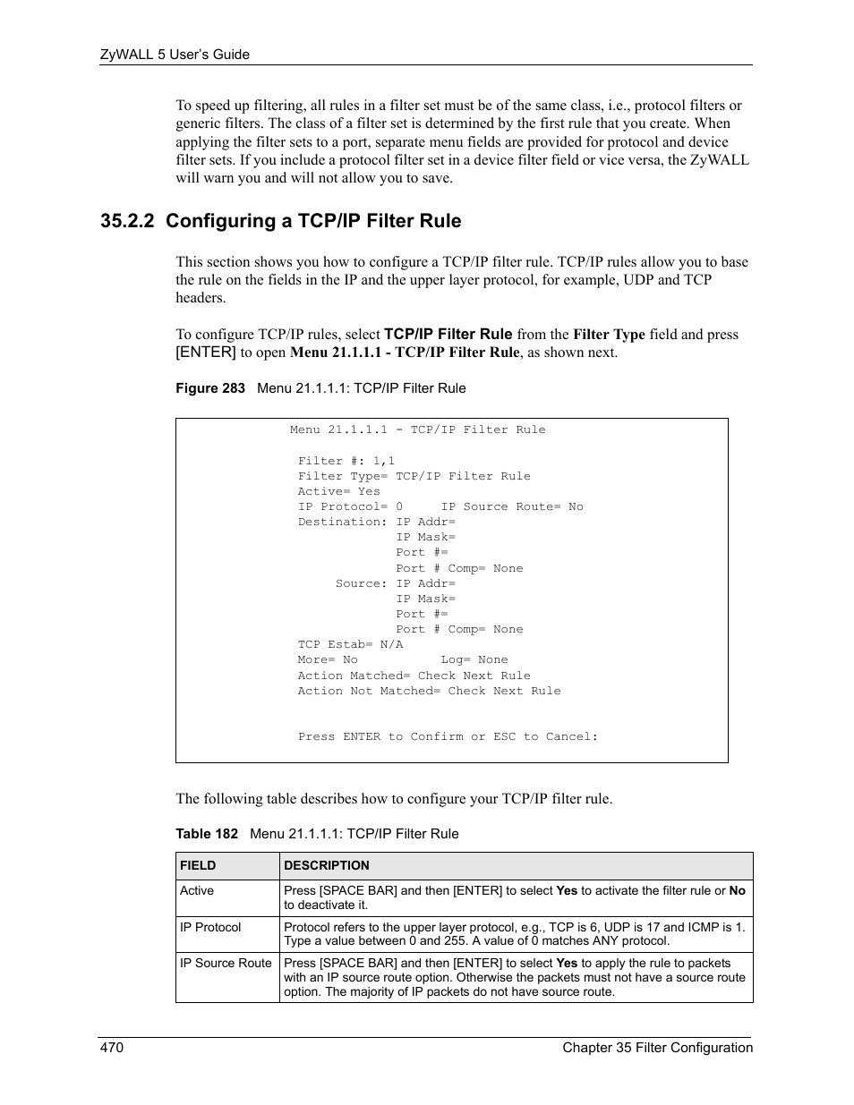 2 configuring a tcp/ip filter rule, Figure 283 menu 21.1.1.1: tcp/ip filter rule, Table 182 menu 21.1.1.1: tcp/ip filter rule | ZyXEL Communications ZyXEL ZyWALL 5 User Manual | Page 471 / 667