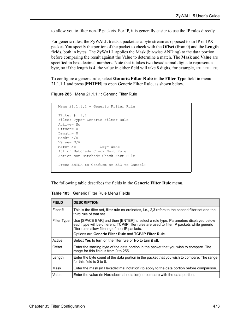 Figure 285 menu 21.1.1.1: generic filter rule, Table 183 generic filter rule menu fields | ZyXEL Communications ZyXEL ZyWALL 5 User Manual | Page 474 / 667