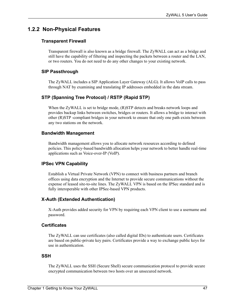 2 non-physical features | ZyXEL Communications ZyXEL ZyWALL 5 User Manual | Page 48 / 667