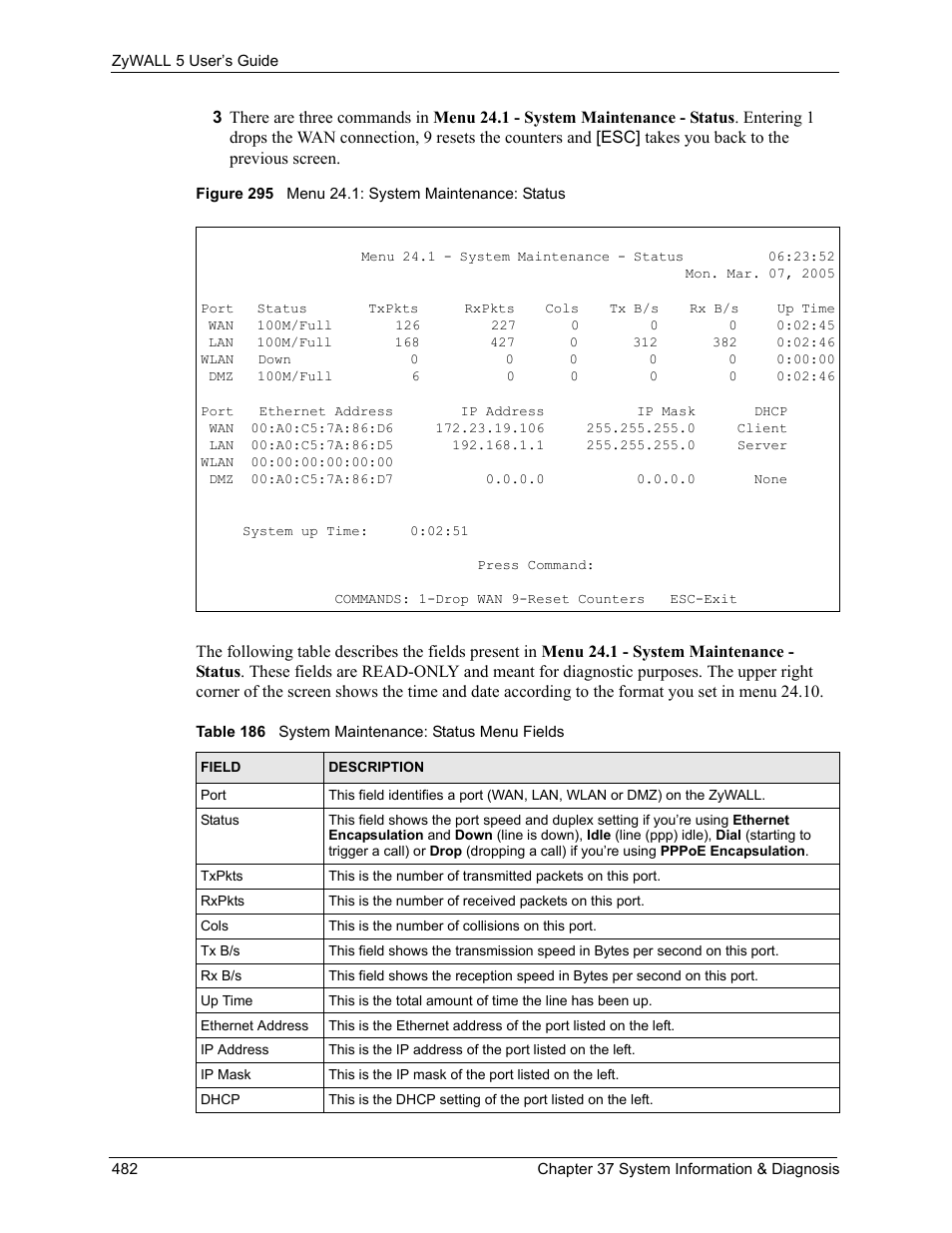 Figure 295 menu 24.1: system maintenance: status, Table 186 system maintenance: status menu fields | ZyXEL Communications ZyXEL ZyWALL 5 User Manual | Page 483 / 667