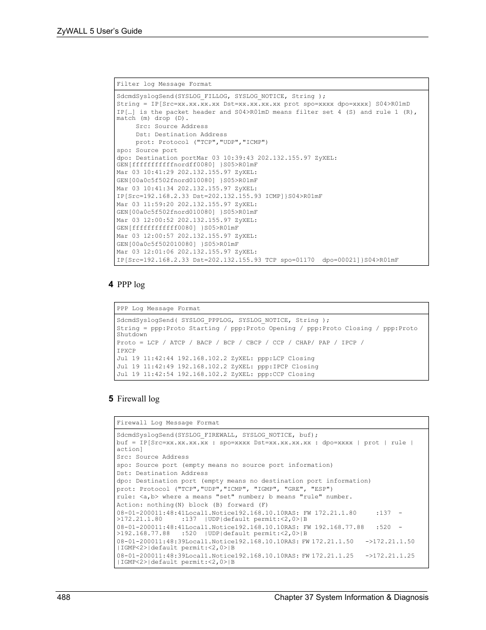 4 ppp log 5 firewall log | ZyXEL Communications ZyXEL ZyWALL 5 User Manual | Page 489 / 667