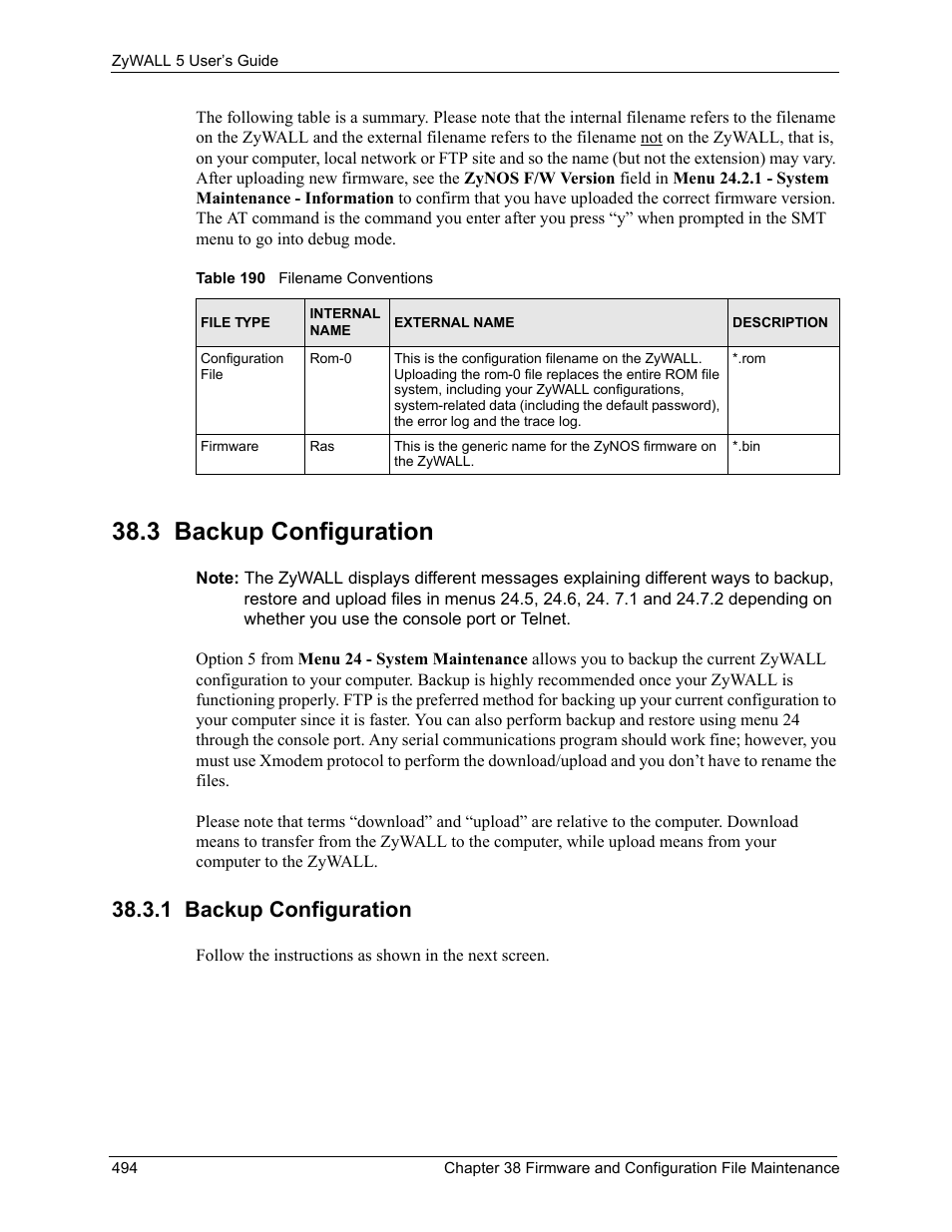 3 backup configuration, 1 backup configuration, Table 190 filename conventions | ZyXEL Communications ZyXEL ZyWALL 5 User Manual | Page 495 / 667