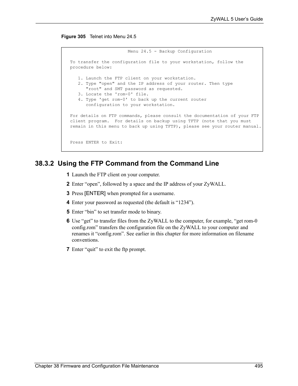 2 using the ftp command from the command line, Figure 305 telnet into menu 24.5 | ZyXEL Communications ZyXEL ZyWALL 5 User Manual | Page 496 / 667