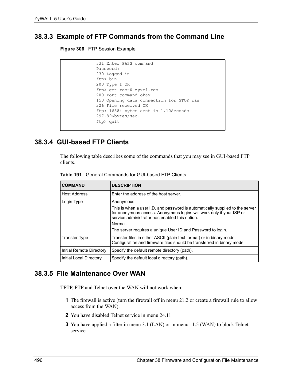 3 example of ftp commands from the command line, 4 gui-based ftp clients, 5 file maintenance over wan | Figure 306 ftp session example | ZyXEL Communications ZyXEL ZyWALL 5 User Manual | Page 497 / 667