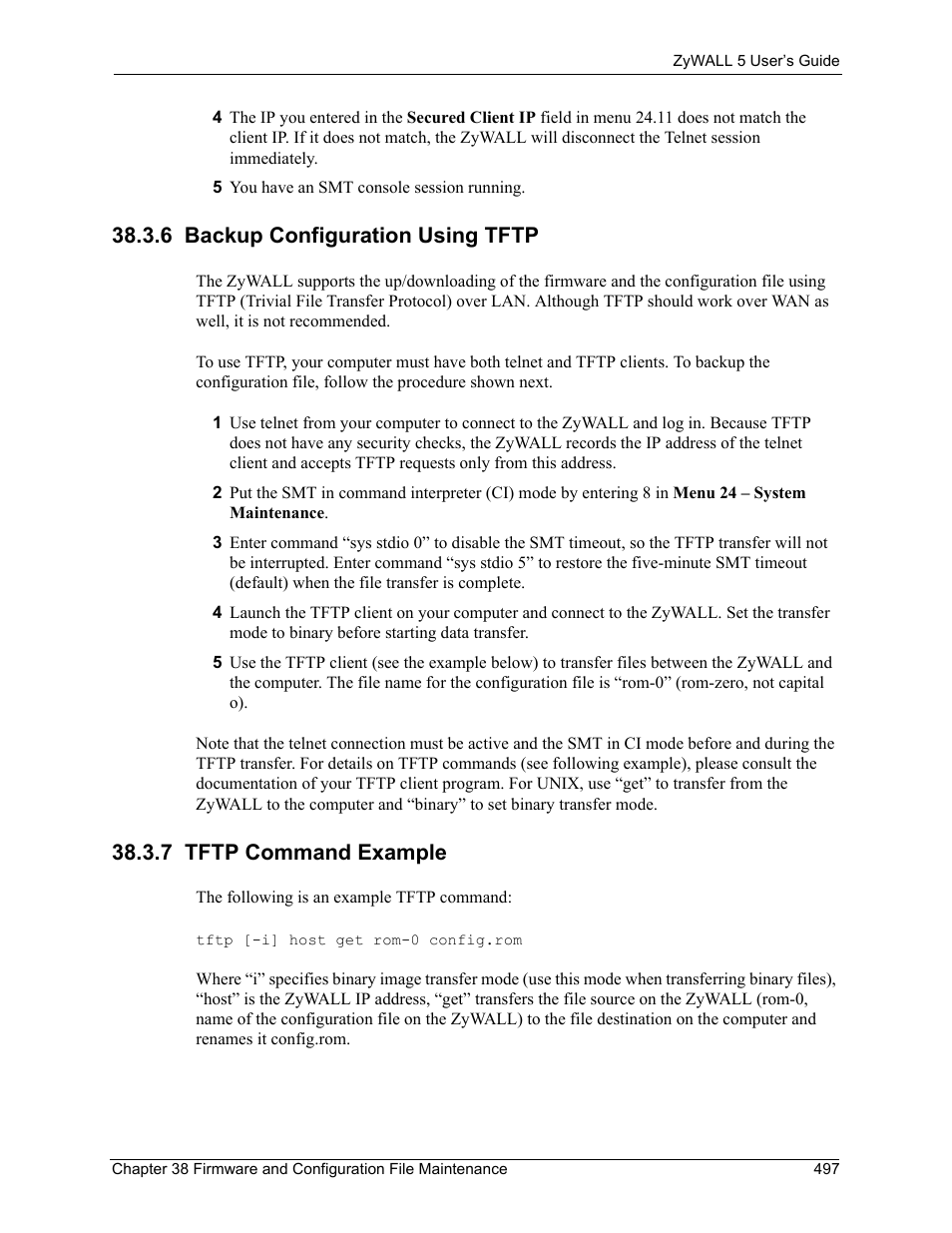 6 backup configuration using tftp, 7 tftp command example | ZyXEL Communications ZyXEL ZyWALL 5 User Manual | Page 498 / 667