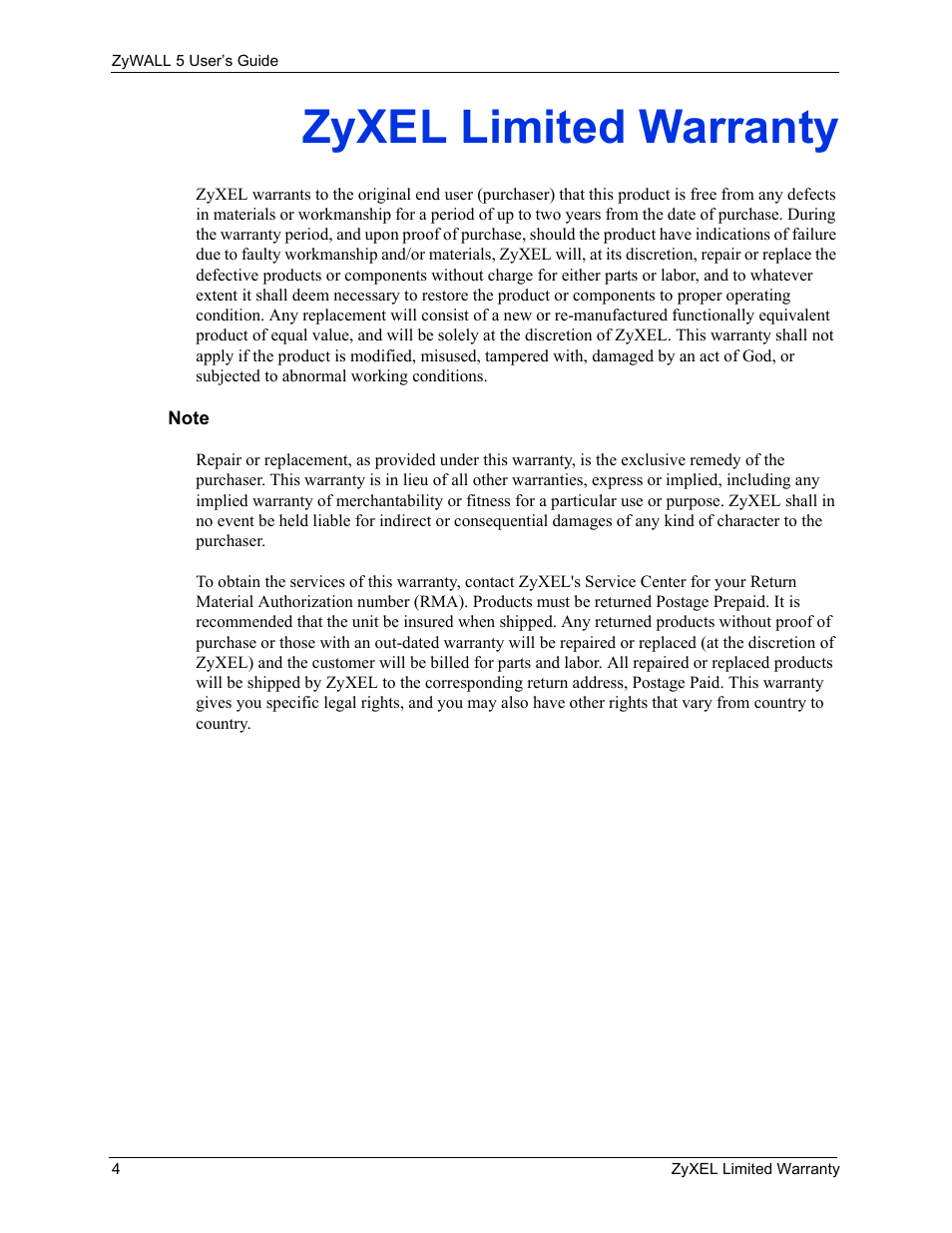 Zyxel limited warranty | ZyXEL Communications ZyXEL ZyWALL 5 User Manual | Page 5 / 667