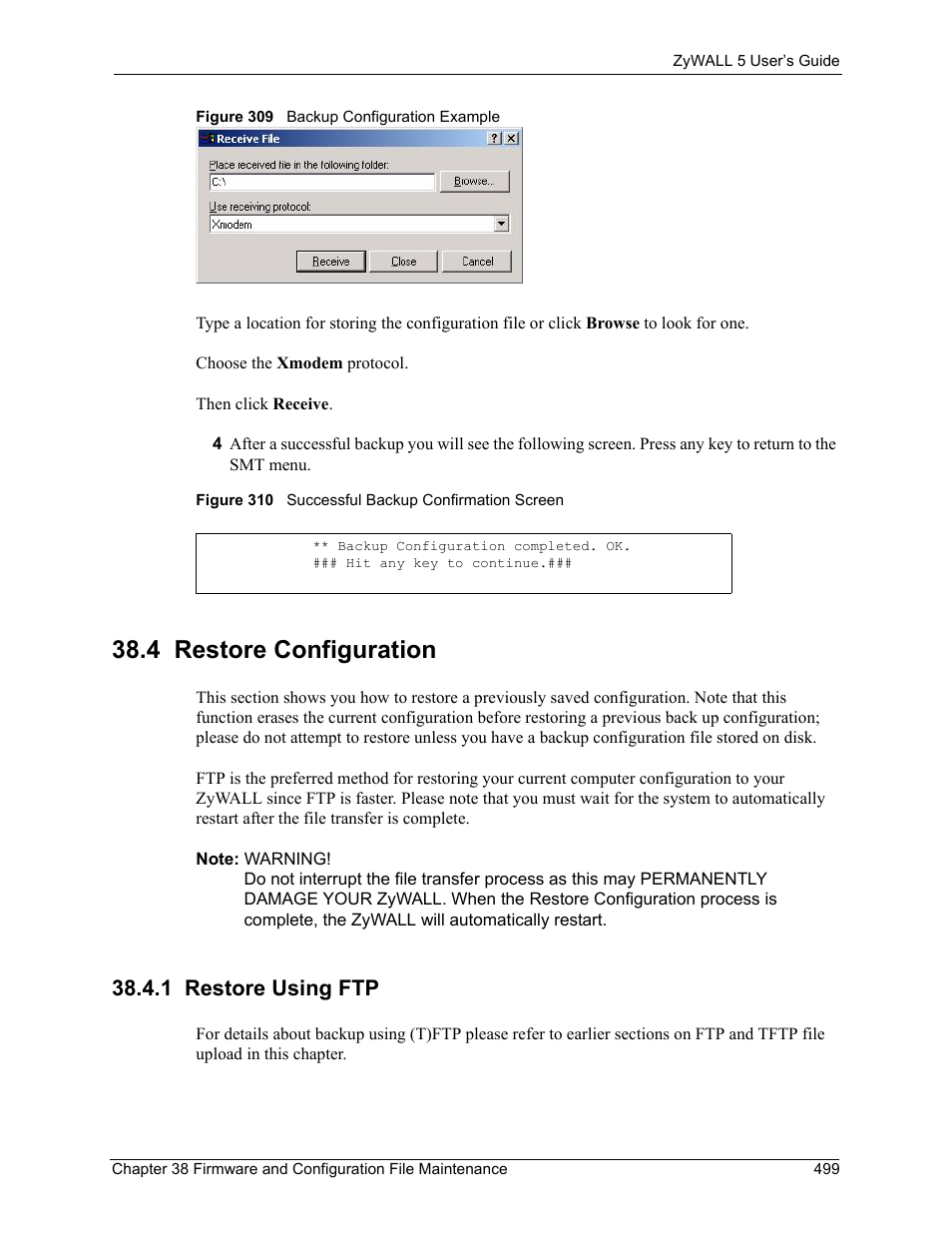 4 restore configuration, 1 restore using ftp | ZyXEL Communications ZyXEL ZyWALL 5 User Manual | Page 500 / 667