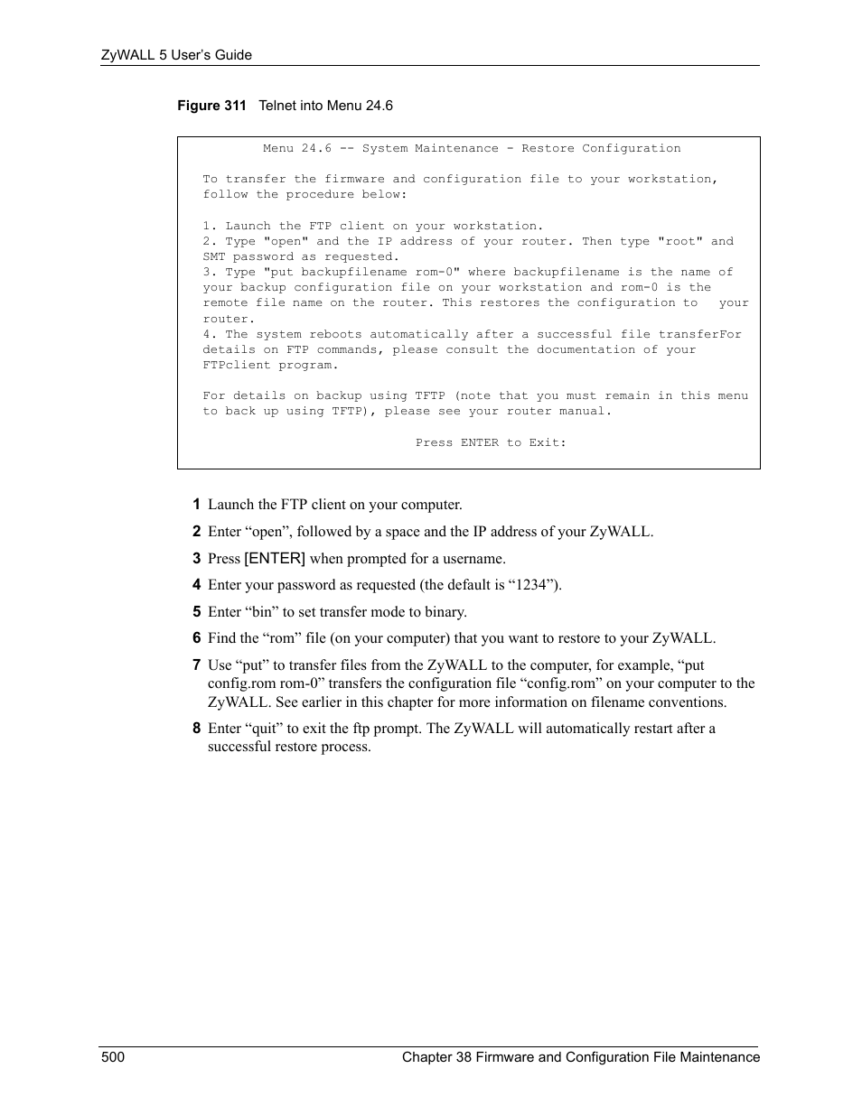 Figure 311 telnet into menu 24.6 | ZyXEL Communications ZyXEL ZyWALL 5 User Manual | Page 501 / 667