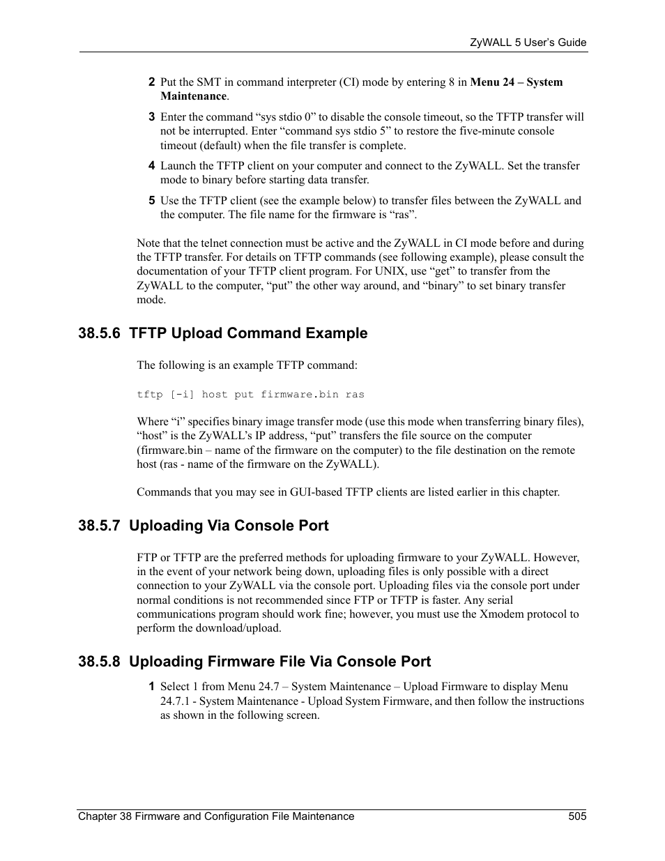 6 tftp upload command example, 7 uploading via console port, 8 uploading firmware file via console port | ZyXEL Communications ZyXEL ZyWALL 5 User Manual | Page 506 / 667