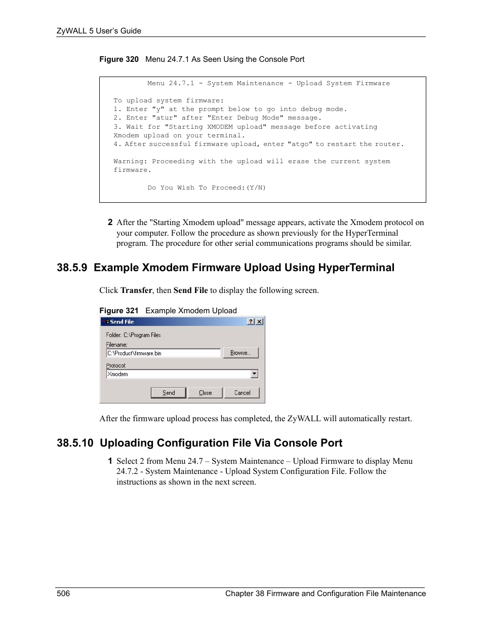 10 uploading configuration file via console port | ZyXEL Communications ZyXEL ZyWALL 5 User Manual | Page 507 / 667