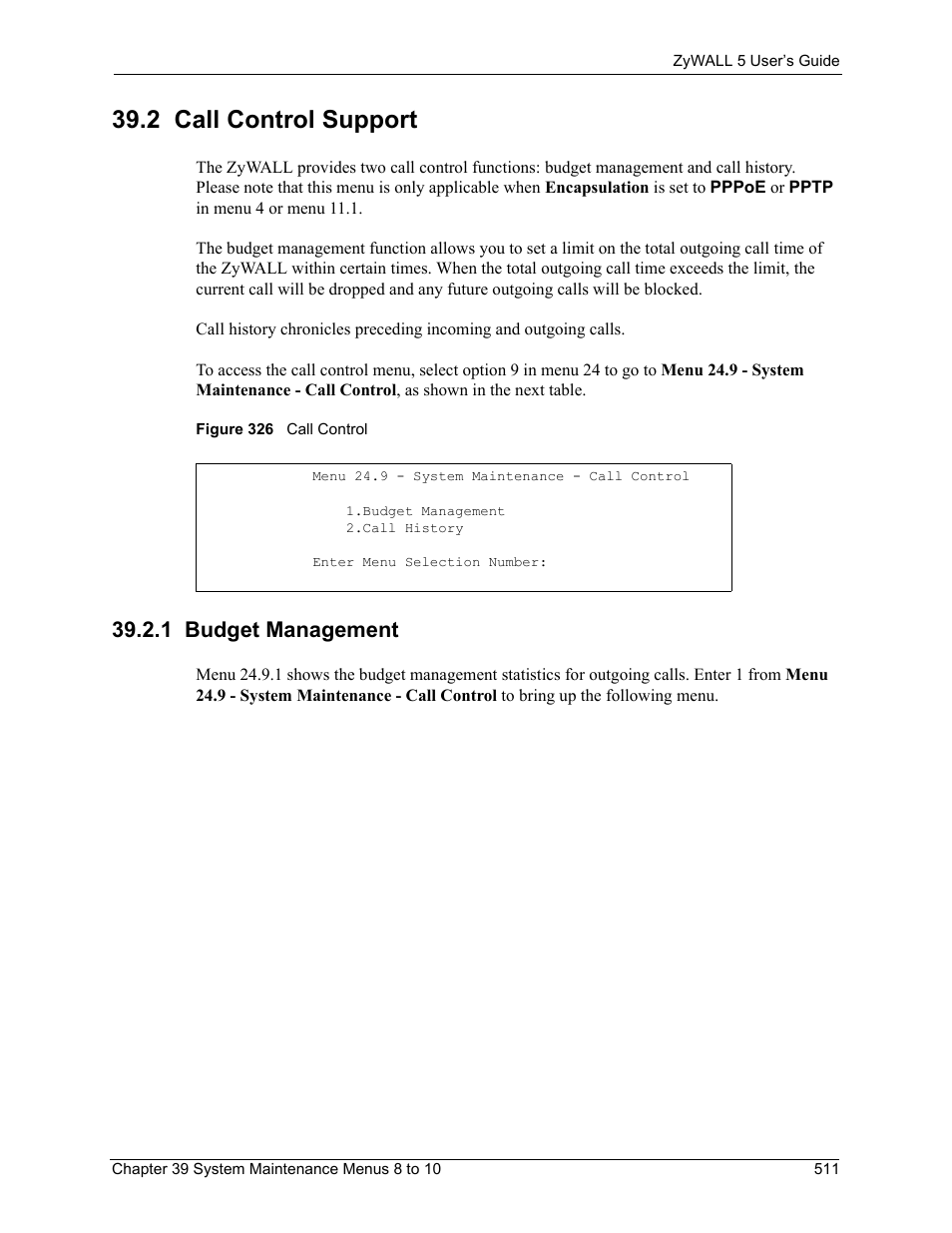 2 call control support, 1 budget management, Figure 326 call control | ZyXEL Communications ZyXEL ZyWALL 5 User Manual | Page 512 / 667